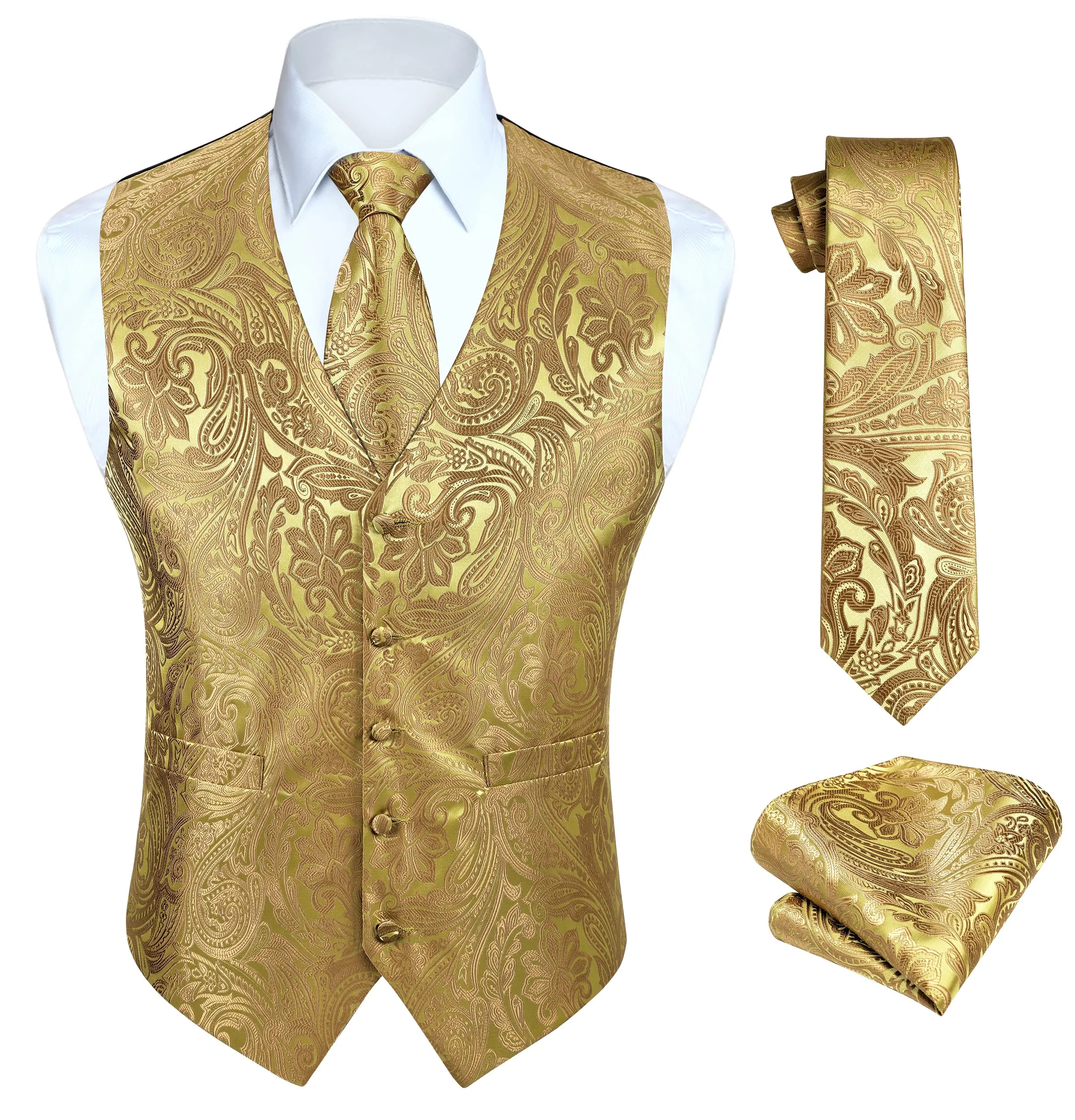 HISDERN Gilet Paisley da uomo Giallo Jacquard con Cravatta e Fazzoletto da taschino, Set completo, L - immagine 1