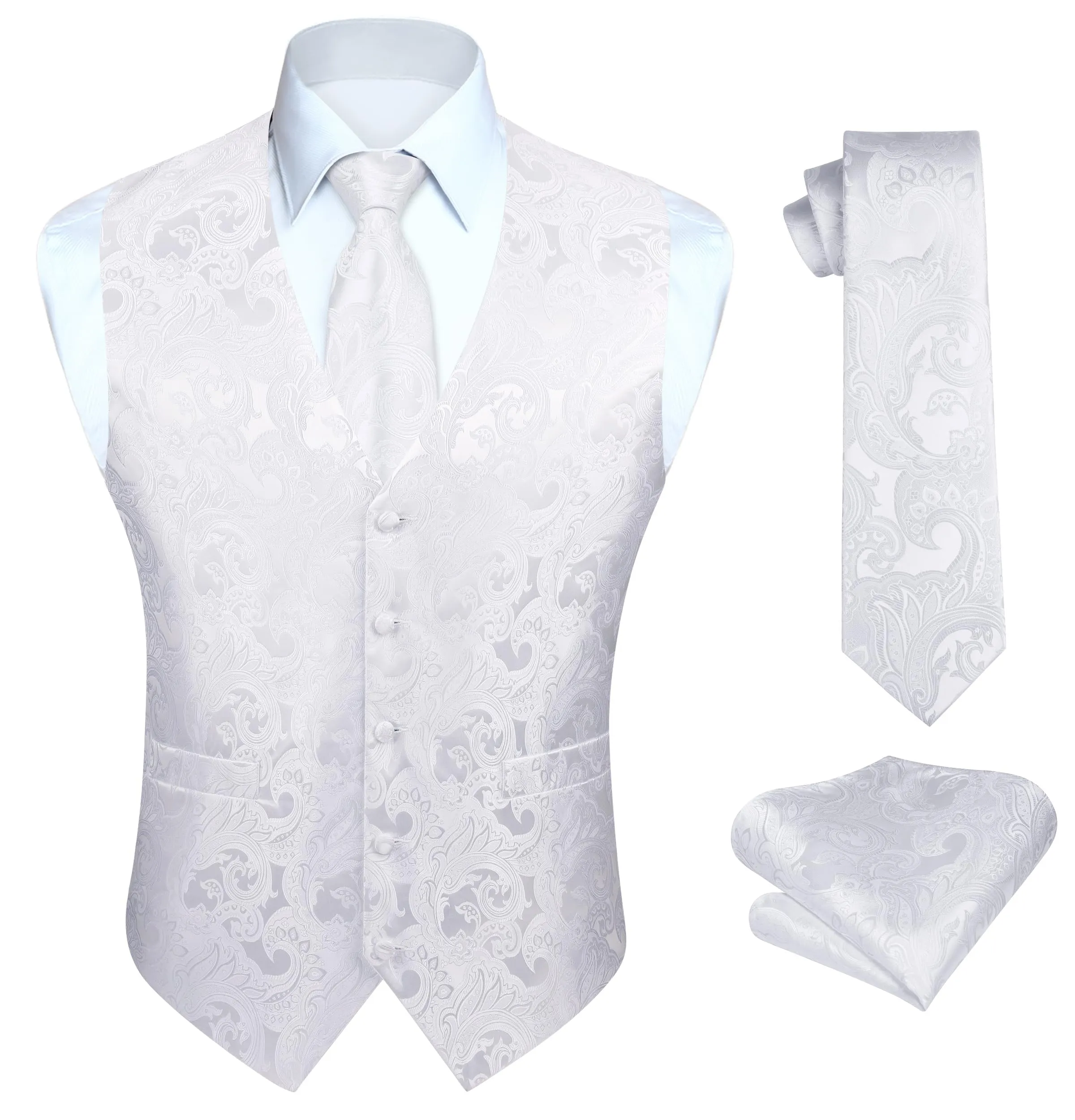 HISDERN Gilet da Uomo Paisley Floreale Jacquard Bianco con Cravatta e Fazzoletto da Taschino, 3XL - immagine 1