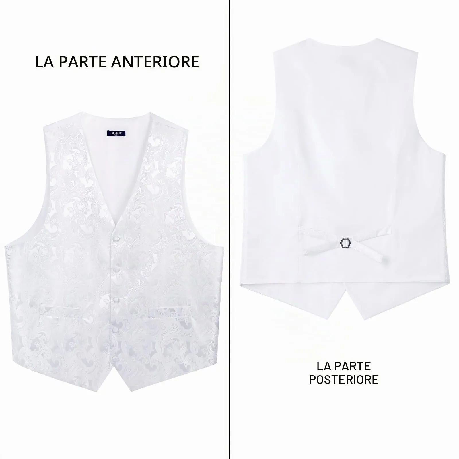 HISDERN Gilet da Uomo Paisley Floreale Jacquard Bianco con Cravatta e Fazzoletto da Taschino, 3XL - immagine 3