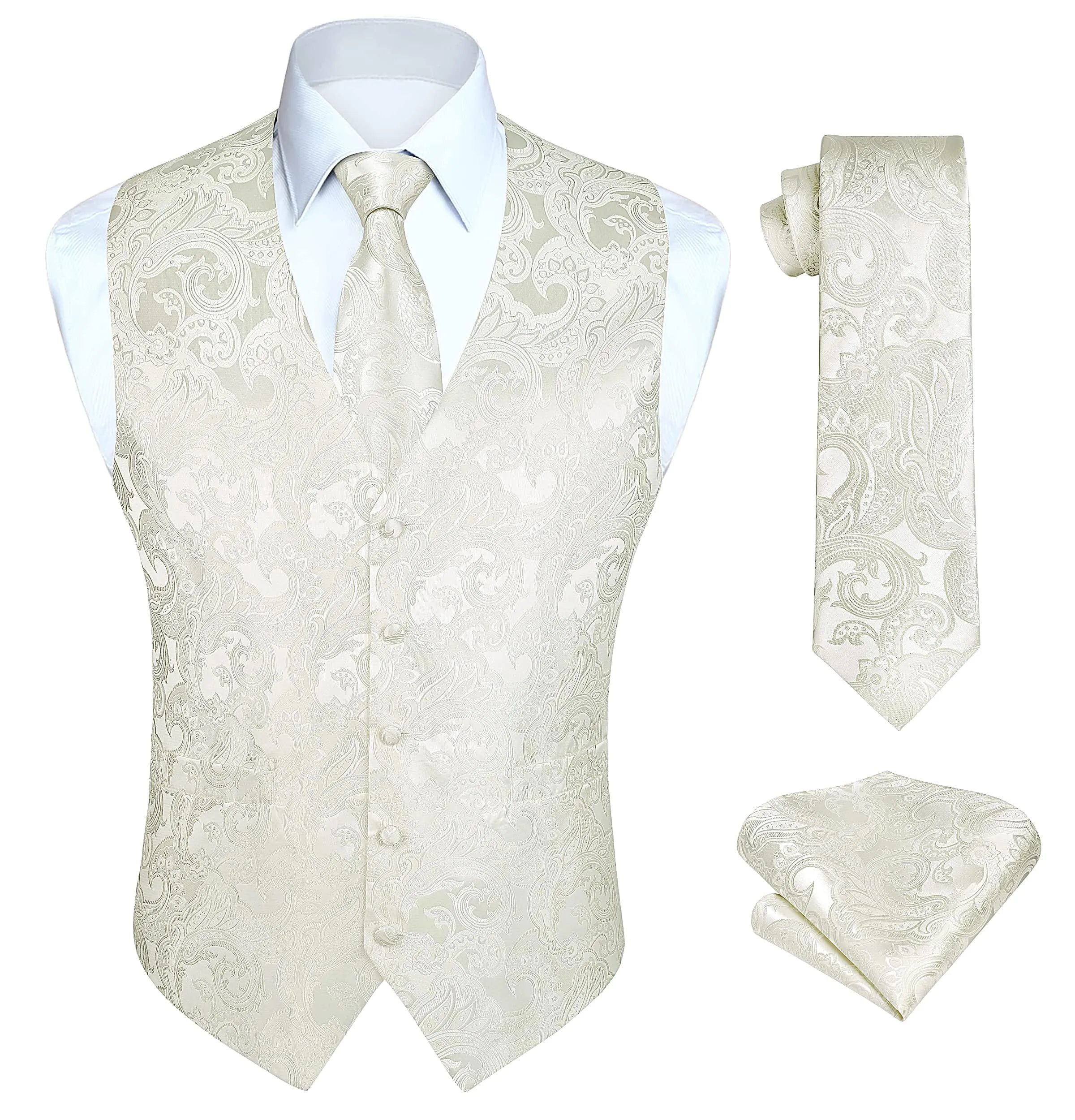 HISDERN Gilet da uomo in tessuto jacquard con motivo floreale cachemire, cravatta e fazzoletto da tasca, Beige, M - immagine 1