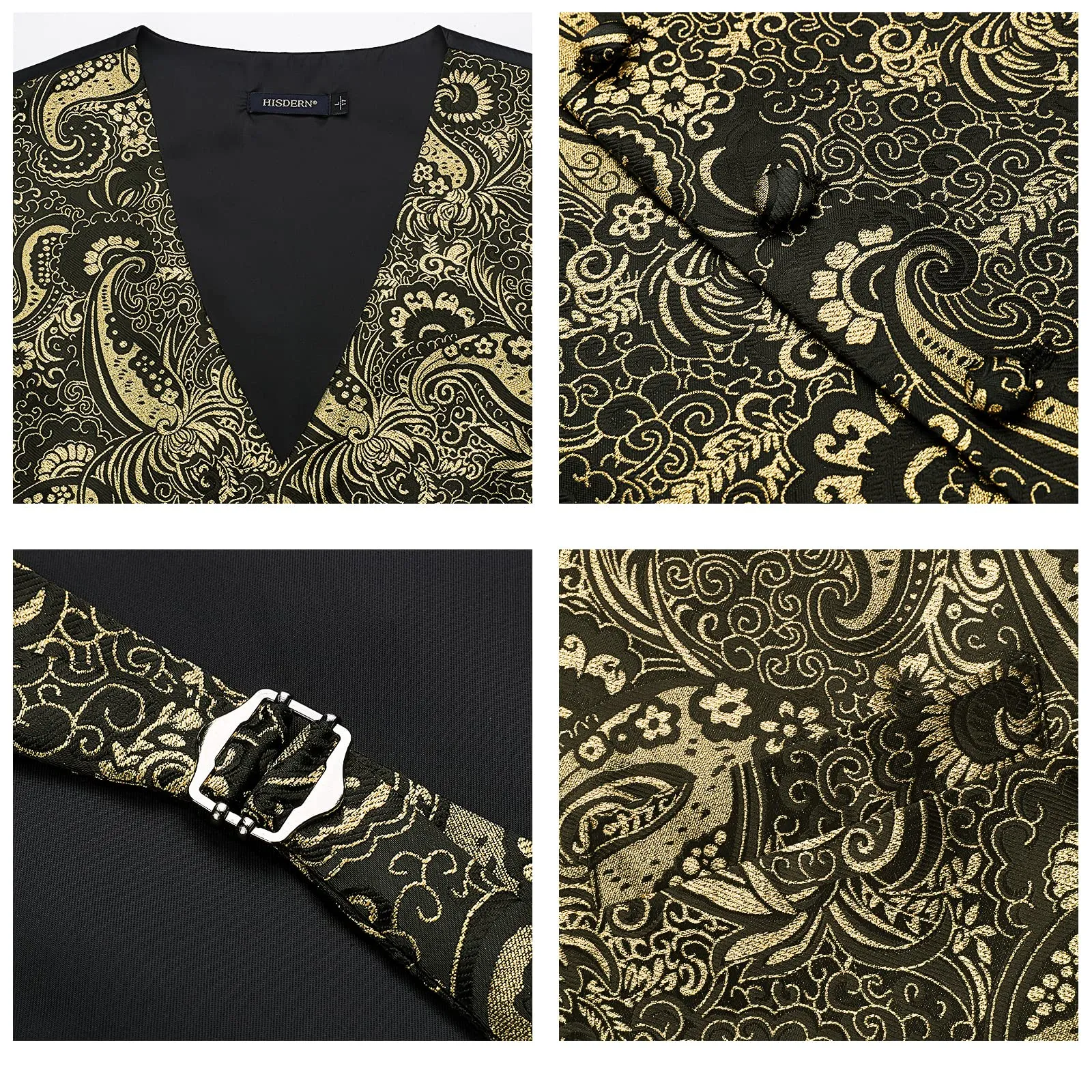 HISDERN Gilet da Uomo in Oro Paisley Jacquard con Cravatta e Fazzoletto da Taschino, XXL - immagine 3