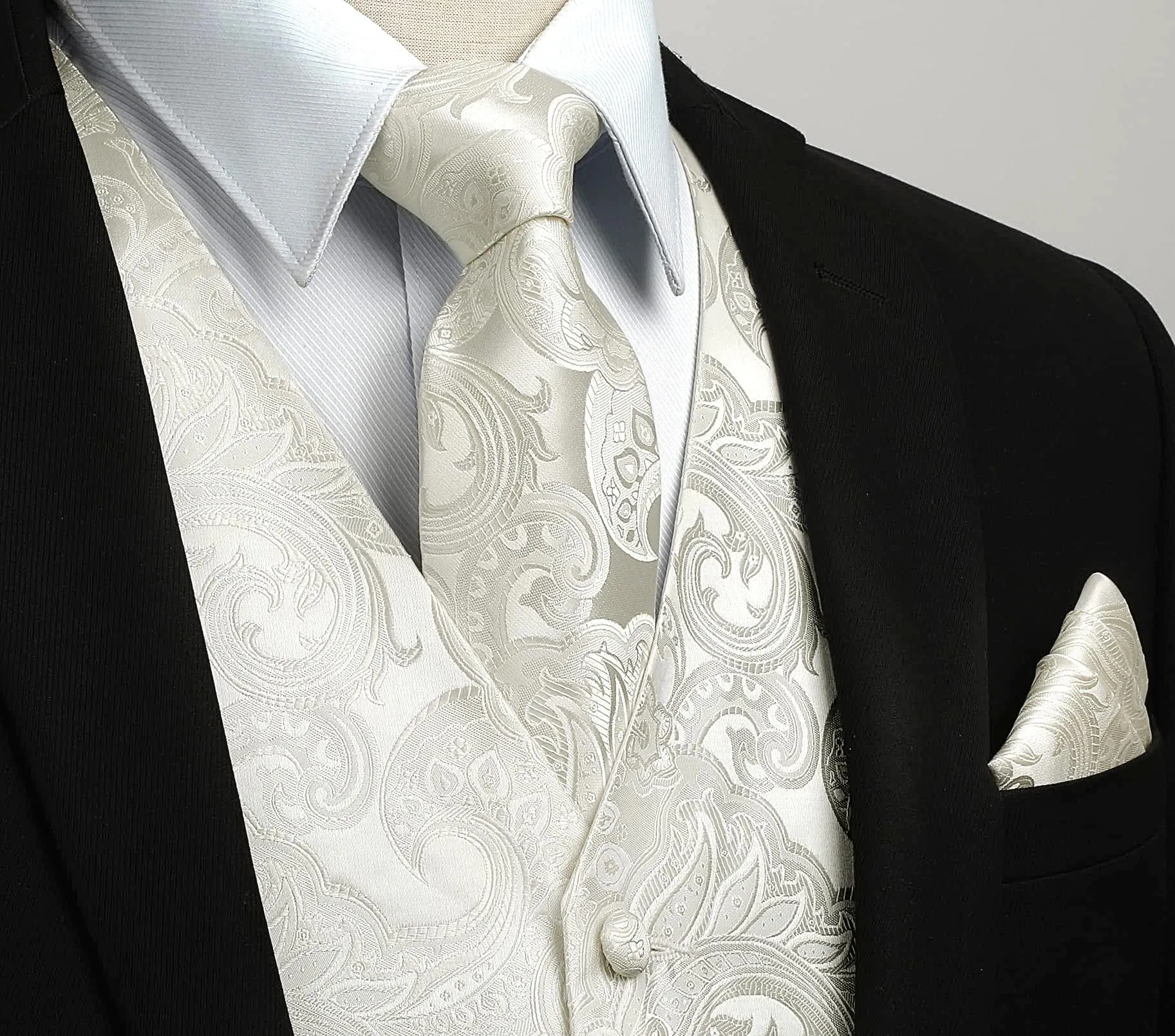 HISDERN Set Gilet da Sposa per Uomo Paisley Floreale con Cravatta Jacquard e Fazzoletto da Taschino, XL - immagine 2
