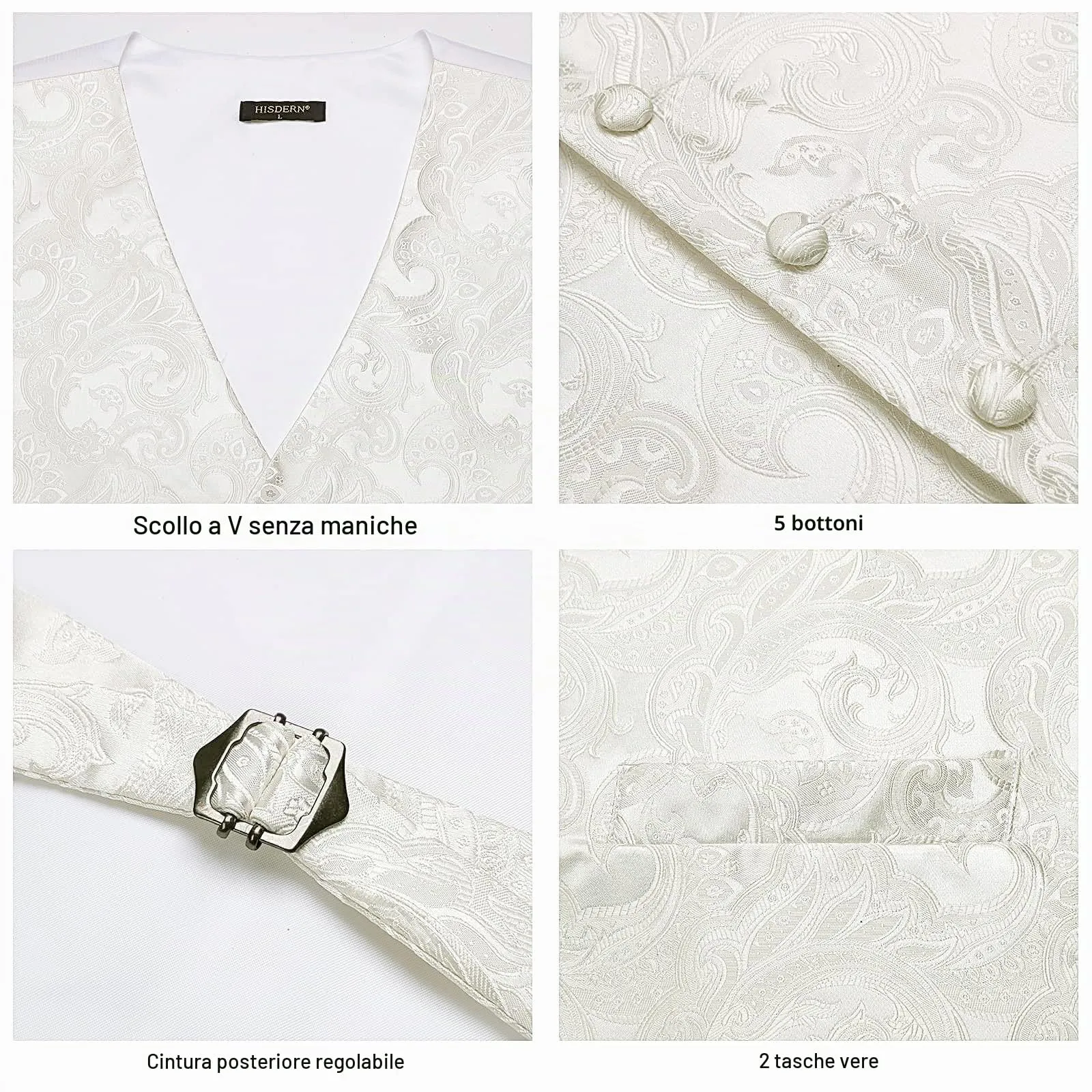 HISDERN Set Gilet da Sposa per Uomo Paisley Floreale con Cravatta Jacquard e Fazzoletto da Taschino, XL - immagine 4