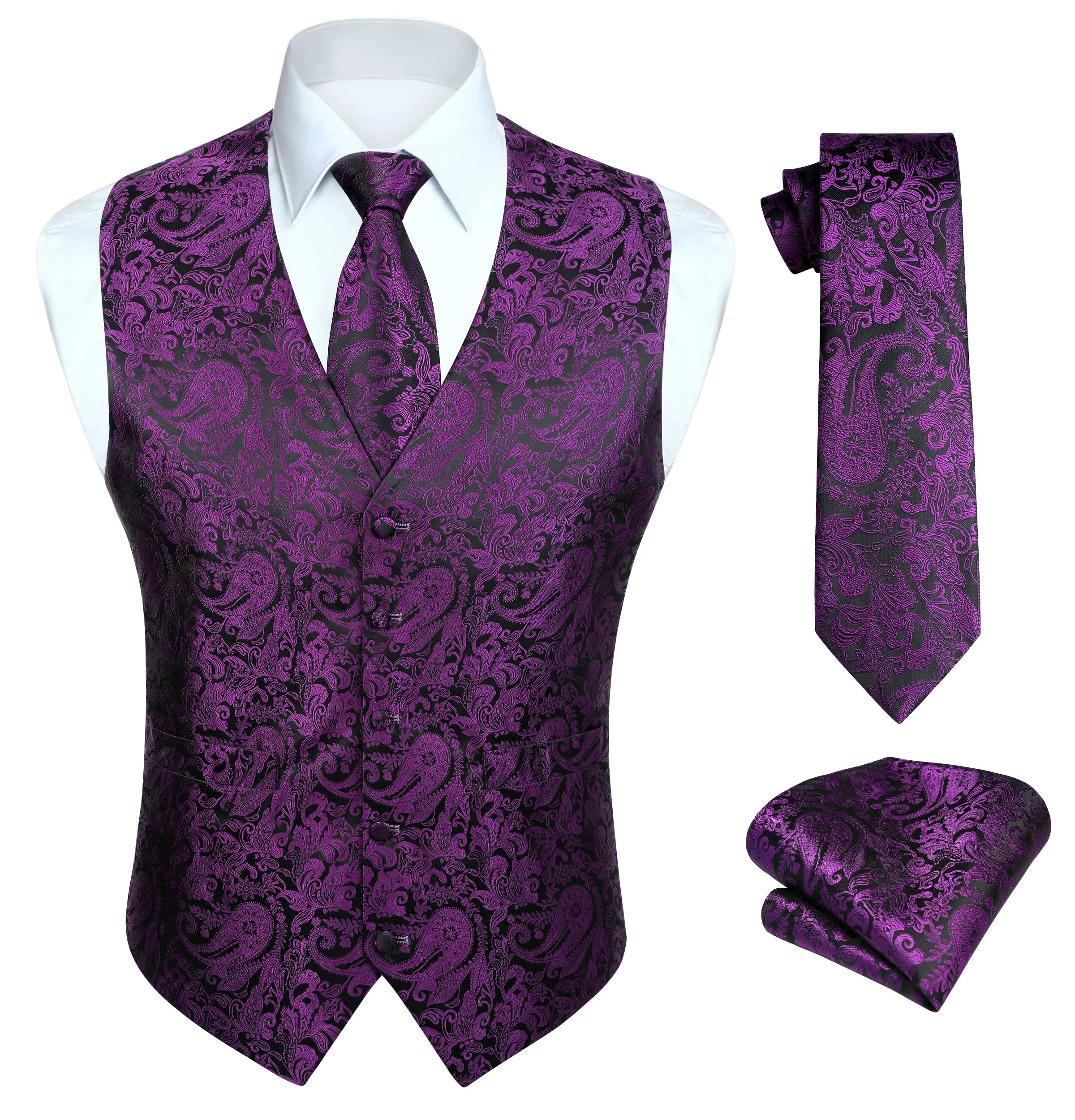 HISDERN Gilet Paisley da uomo Viola con Cravatta Jacquard e Fazzoletto da taschino, XL - immagine 1