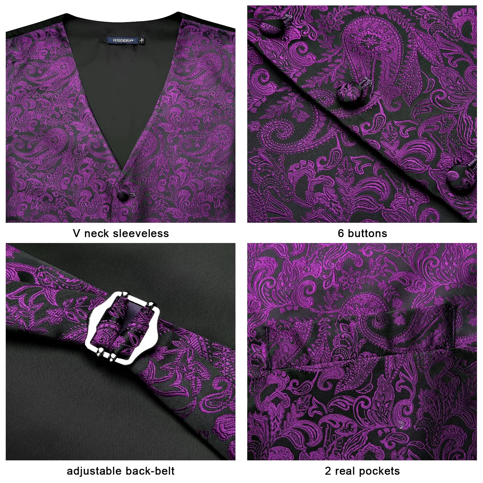 HISDERN Gilet Paisley da uomo Viola con Cravatta Jacquard e Fazzoletto da taschino, XL - immagine 4