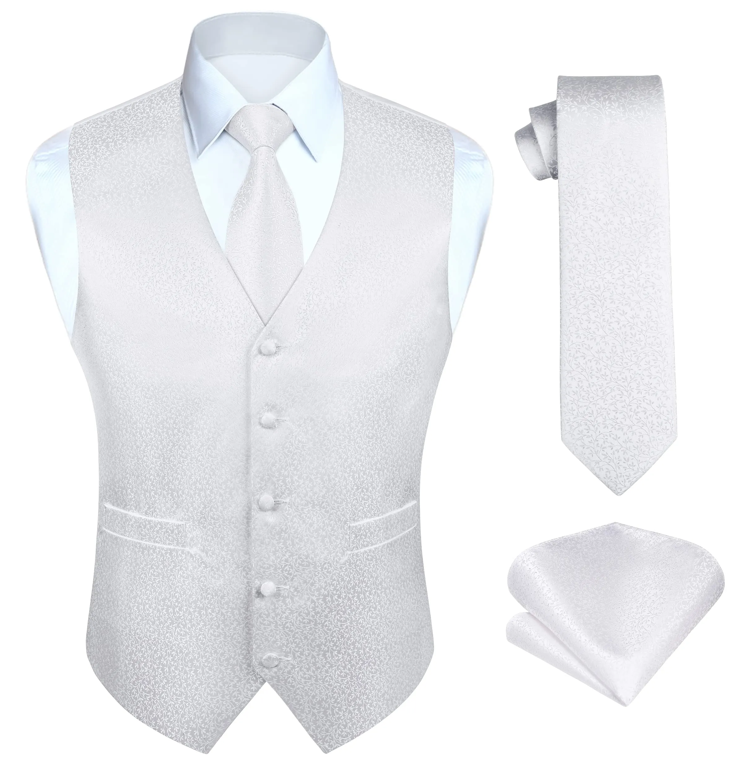 HISDERN Set Completo Gilet da Sposa Bianco Paisley per Uomo con Cravatta Jacquard e Fazzoletto da Taschino, Taglia L - immagine 1
