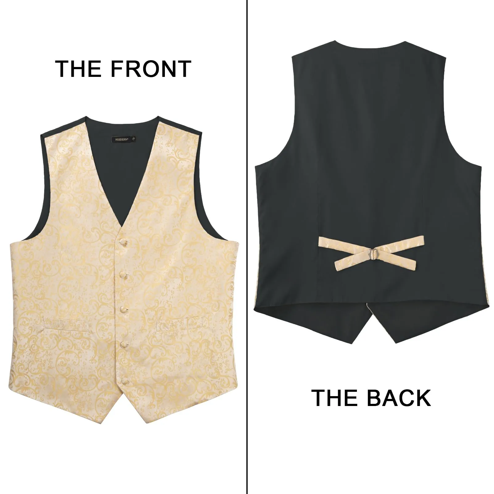 HISDERN Set Gilet, Cravatta e Fazzoletto da Taschino Paisley Jacquard Champagne Oro XL - immagine 3
