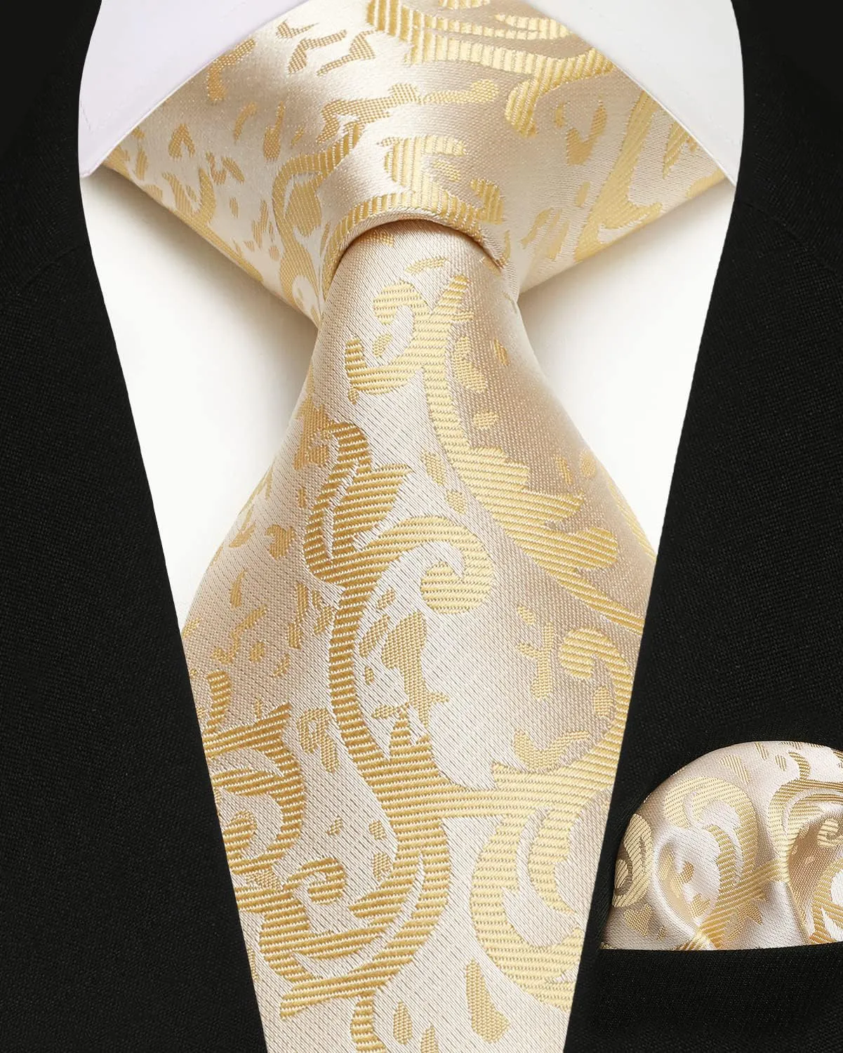 HISDERN Set Gilet, Cravatta e Fazzoletto da Taschino Paisley Jacquard Champagne Oro XL - immagine 5