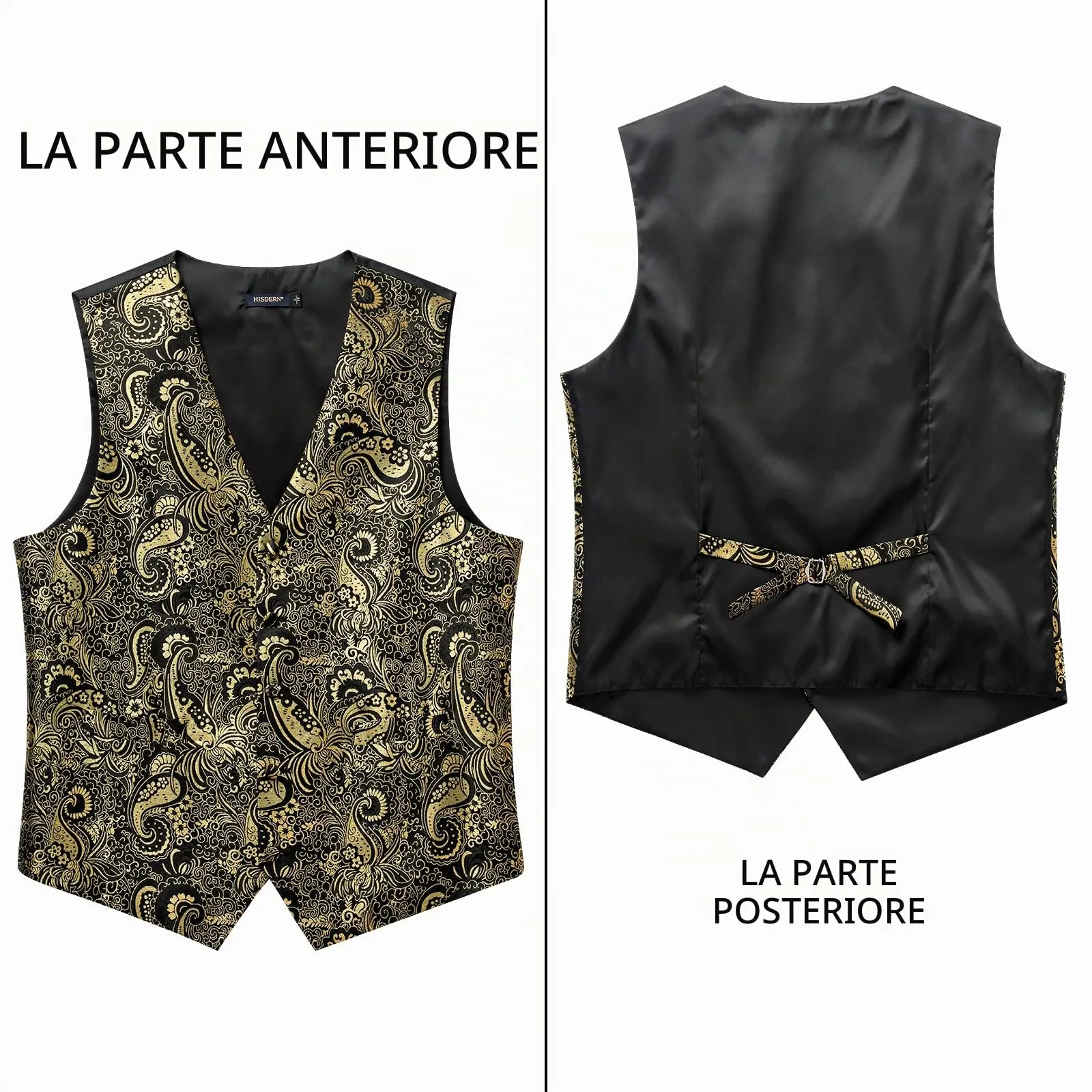 HISDERN Gilet da uomo in seta Oro Paisley Jacquard con Cravatta e Fazzoletto da taschino, Taglia L - immagine 4