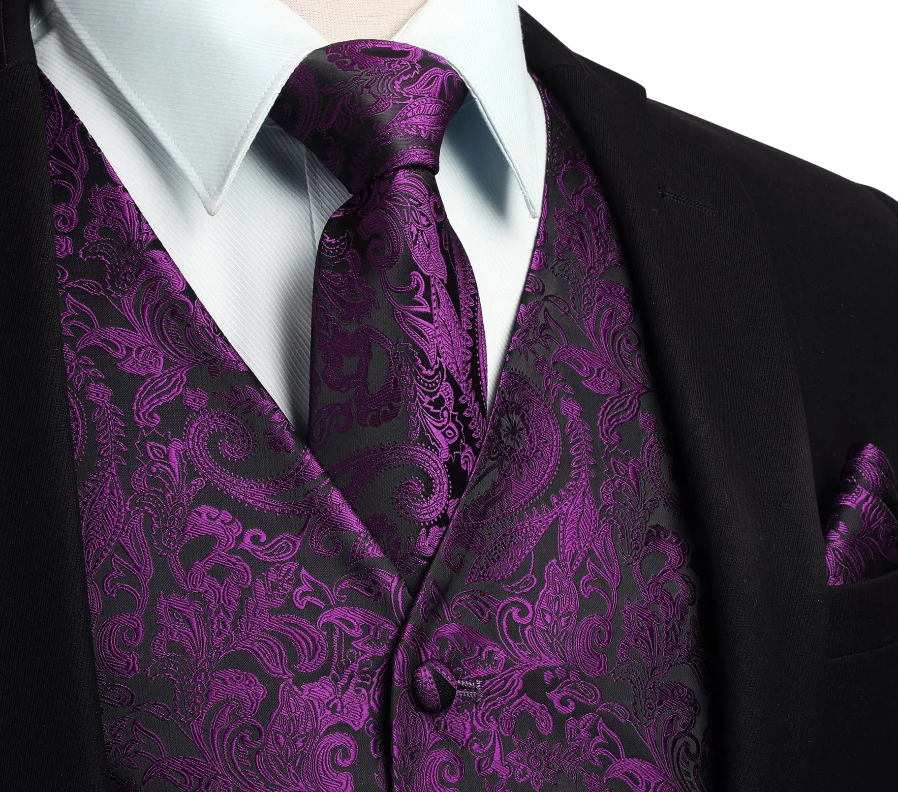 HISDERN Gilet Paisley da Uomo Viola con Cravatta e Fazzoletto da Taschino, XXL - immagine 2