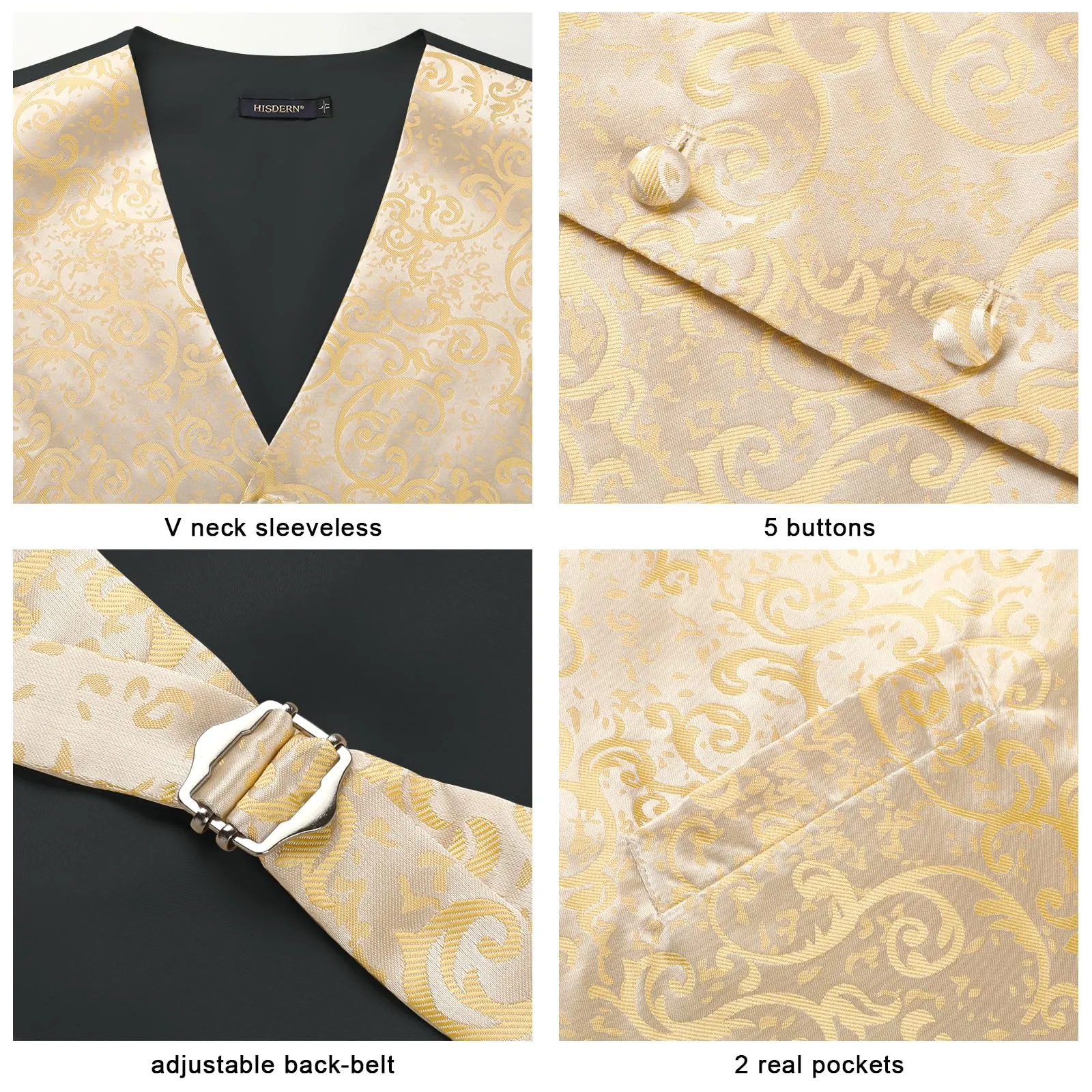 HISDERN Set Gilet, Cravatta e Fazzoletto da Taschino Paisley Floreale Jacquard - Champagne Oro, 3XL - immagine 4