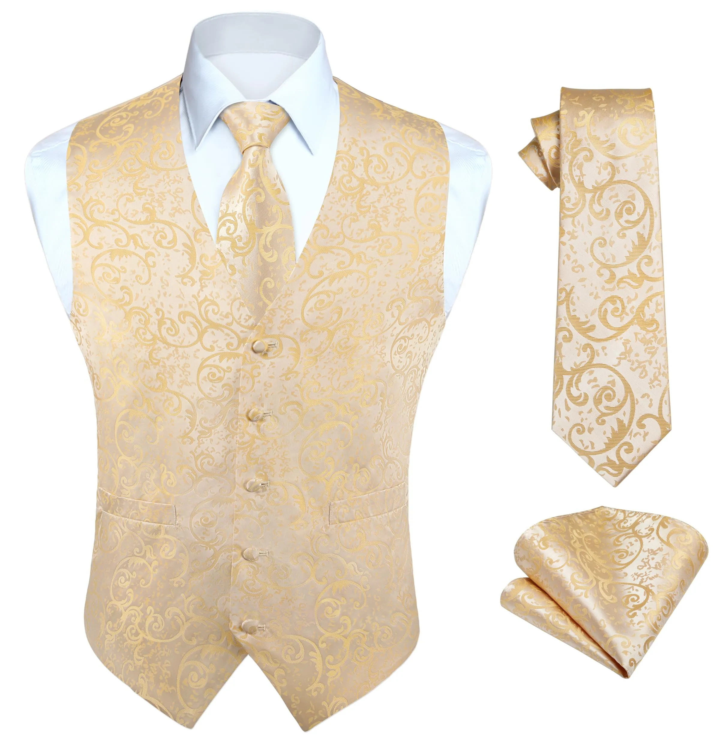 HISDERN Set Gilet Uomo Paisley con Cravatta e Fazzoletto, Jacquard Floreale, Champagne Oro, 2XL - immagine 1