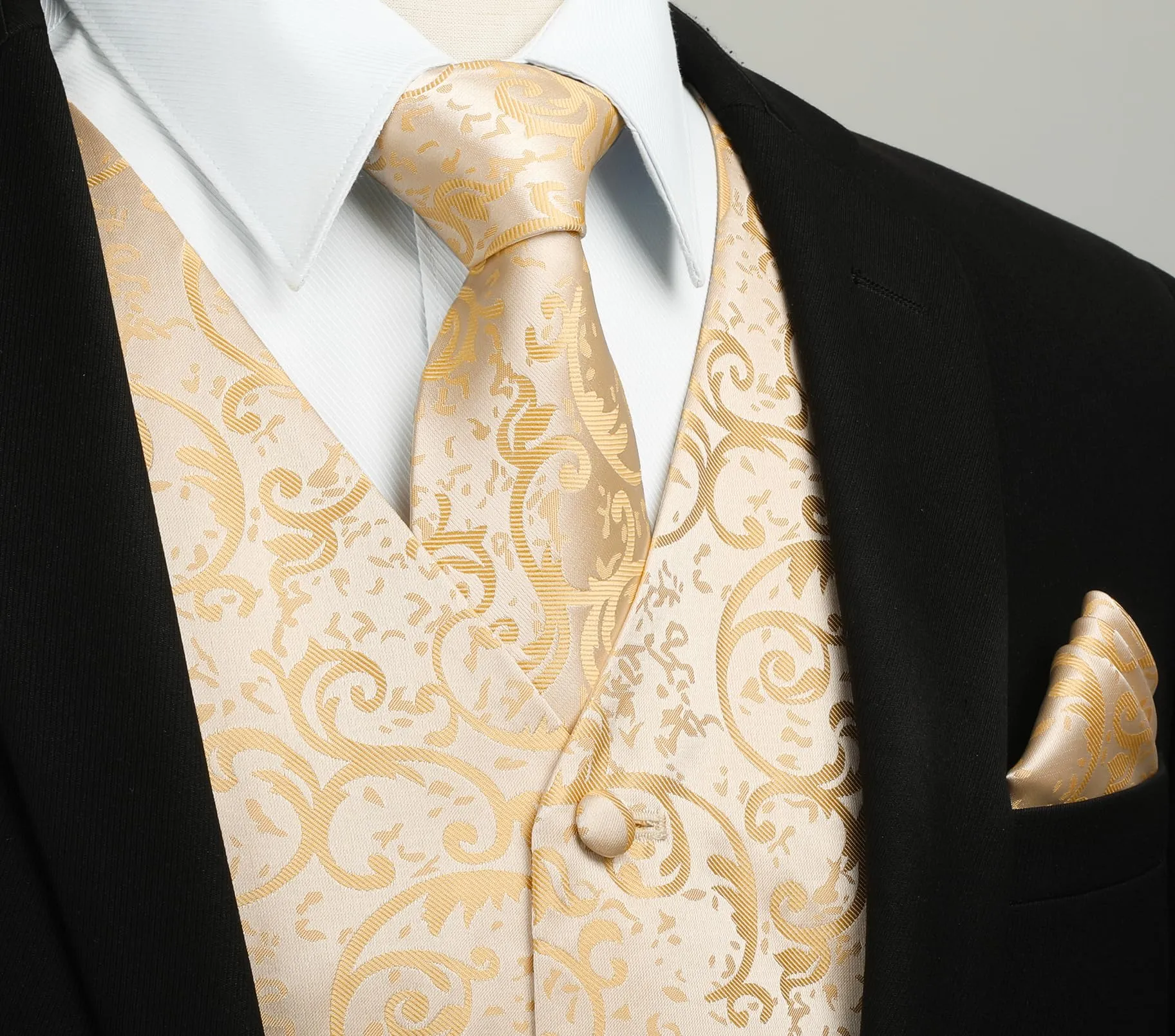 HISDERN Set Gilet Uomo Paisley con Cravatta e Fazzoletto, Jacquard Floreale, Champagne Oro, 2XL - immagine 2
