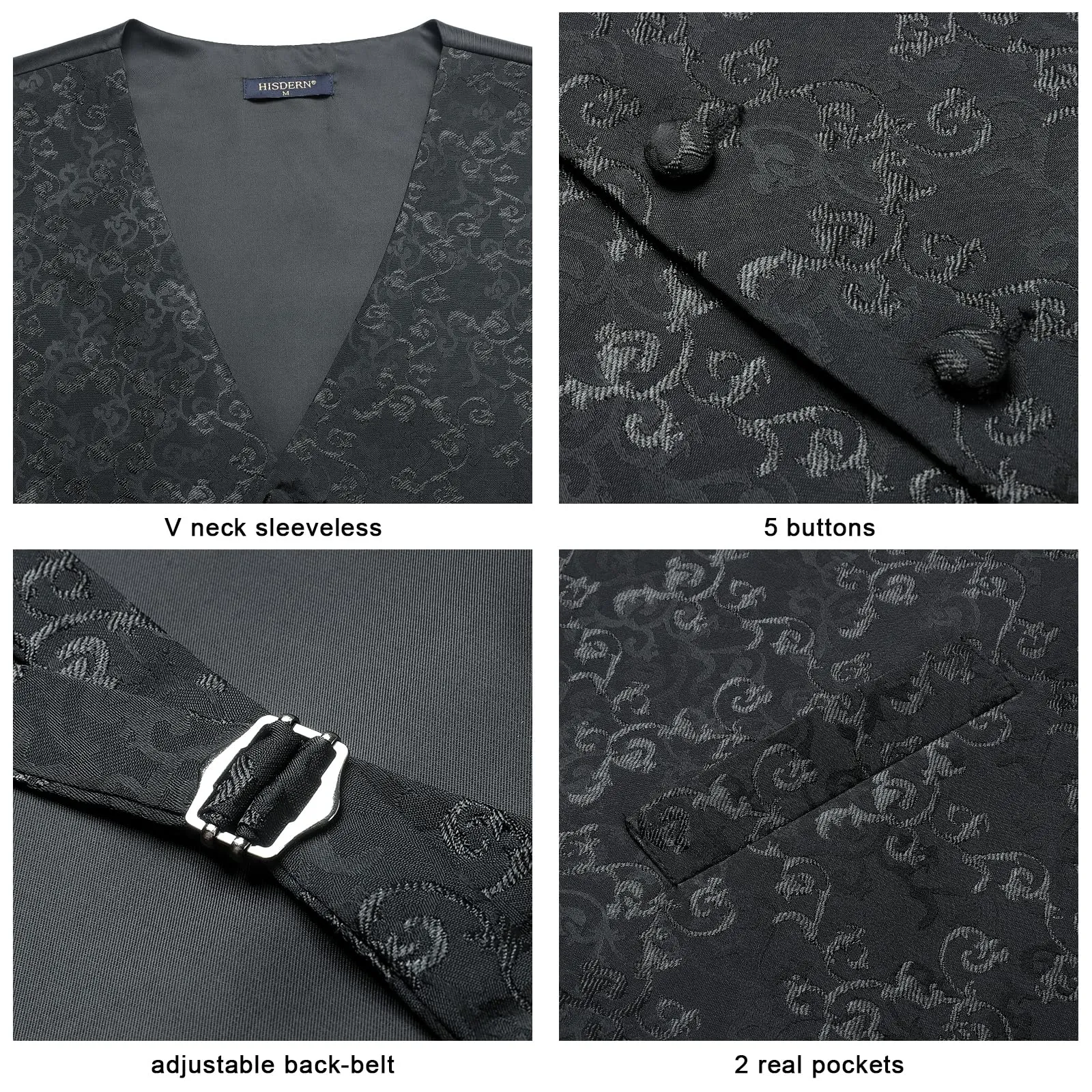 HISDERN Gilet da Abito da Uomo in Jacquard Paisley Nero con Cravatta e Fazzoletto, 3XL - immagine 4
