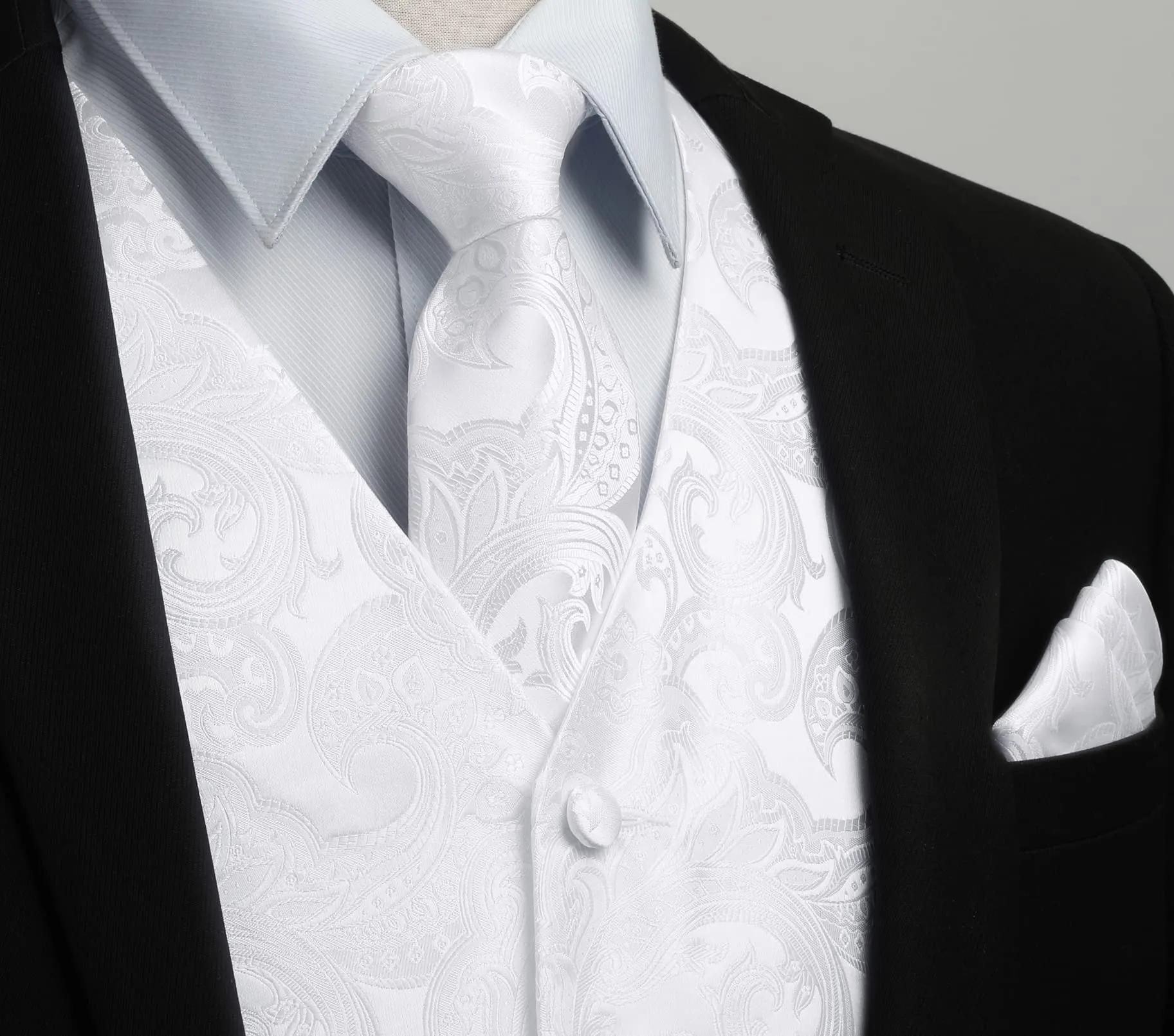 HISDERN Gilet da Uomo Paisley Floreale Jacquard Bianco con Cravatta e Fazzoletto da Taschino, XXL - immagine 2