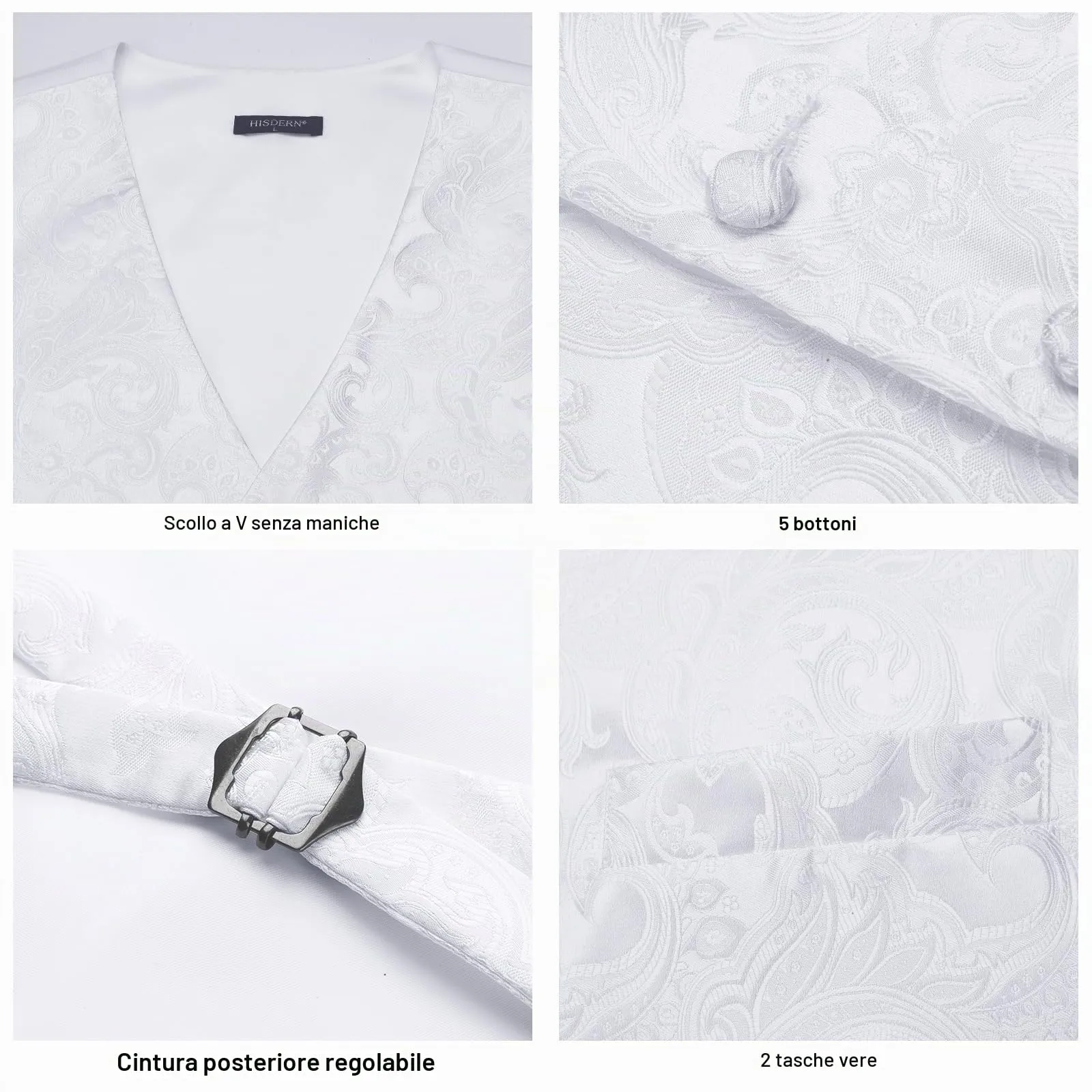 HISDERN Gilet da Uomo Paisley Floreale Jacquard Bianco con Cravatta e Fazzoletto da Taschino, XL - immagine 4