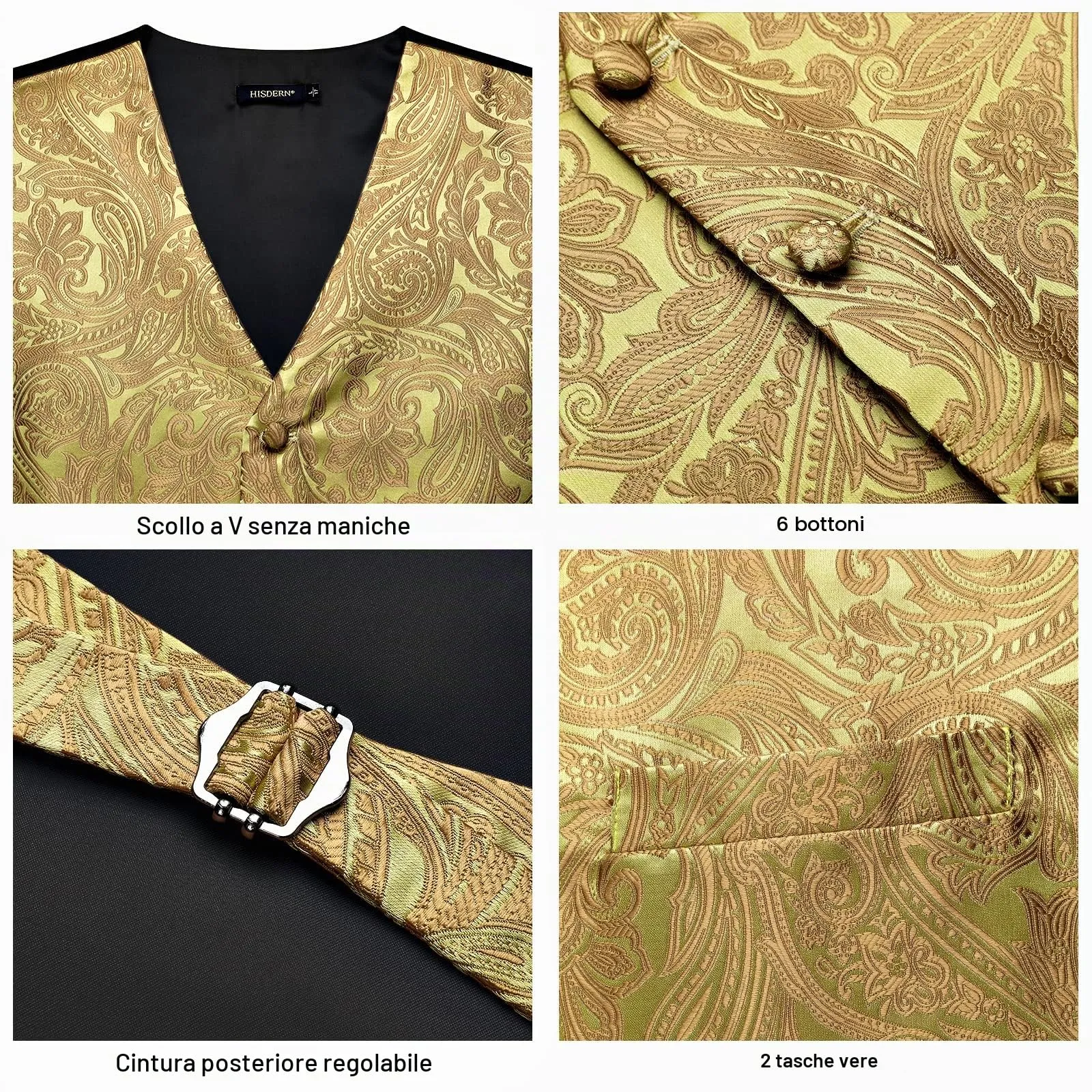 HISDERN Gilet Paisley da uomo Giallo Jacquard con Cravatta e Fazzoletto da taschino, 4XL - immagine 4