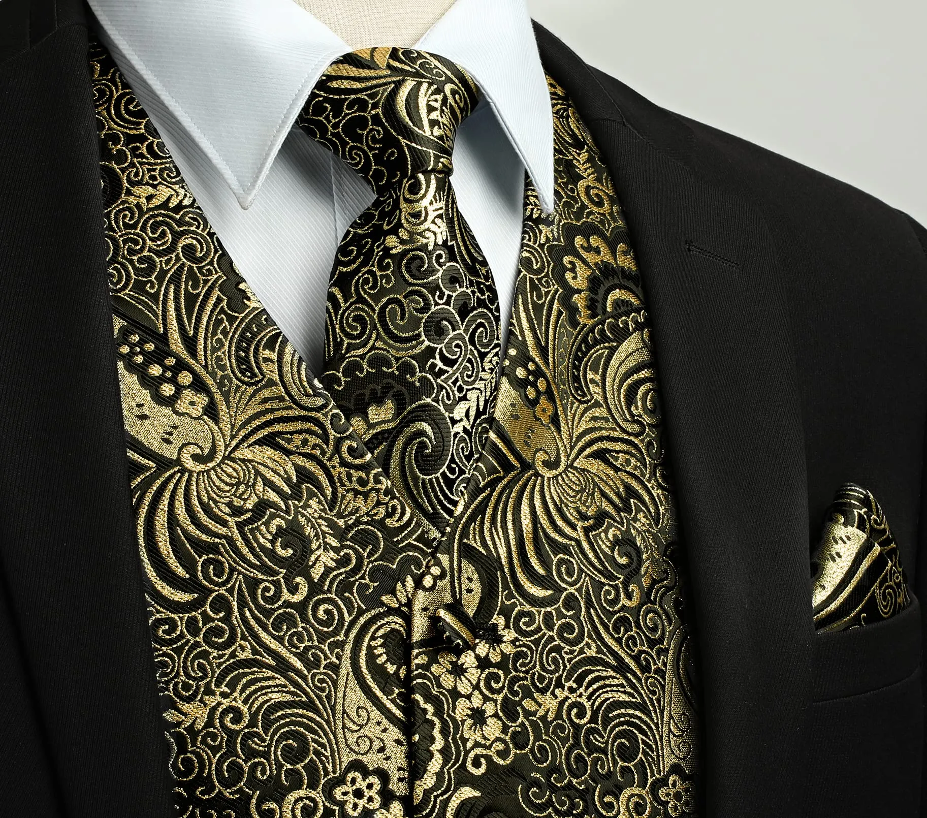 HISDERN Gilet da uomo in oro Paisley Jacquard con cravatta e fazzoletto da taschino, Taglia M - immagine 2