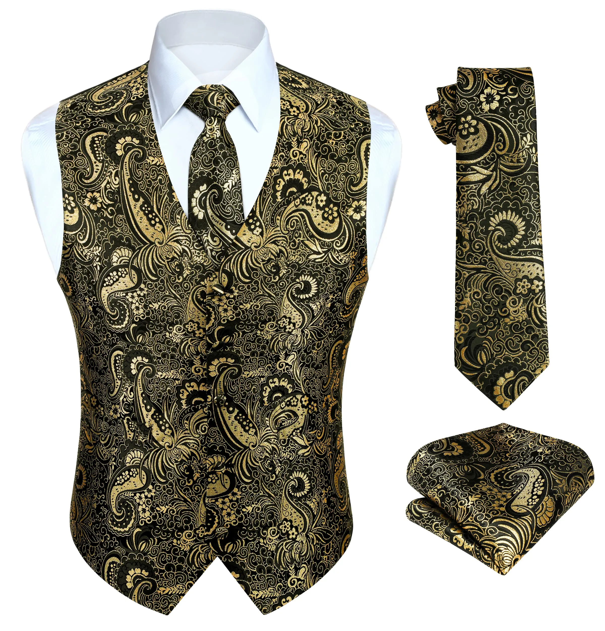 HISDERN Gilet da uomo in oro Paisley Jacquard con cravatta e fazzoletto da taschino, Taglia M - immagine 5