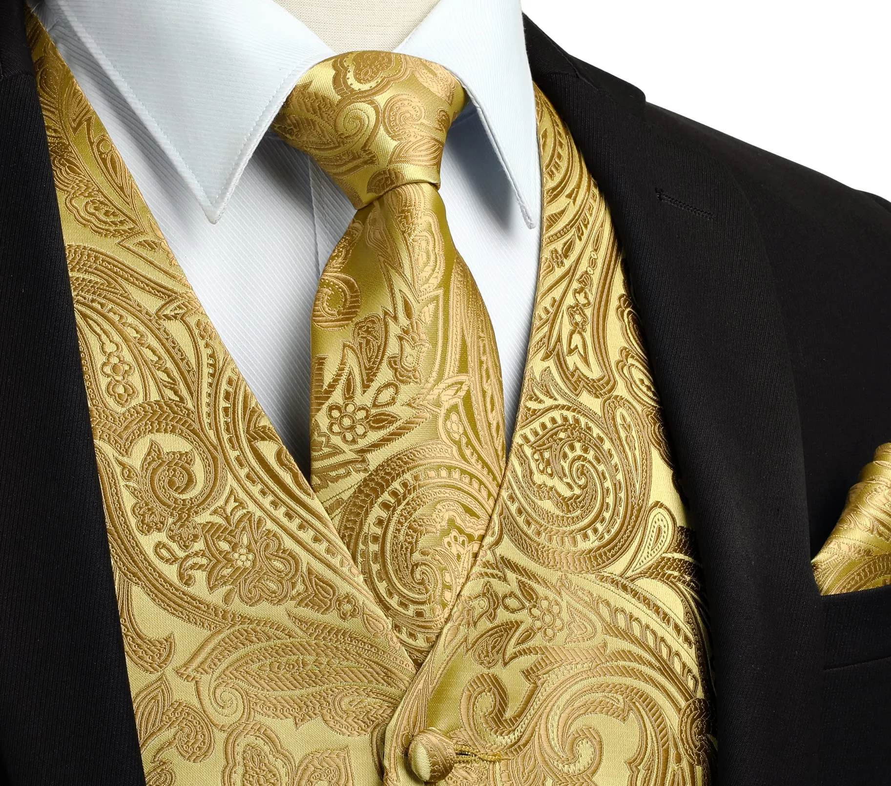 HISDERN Gilet Paisley da uomo Giallo Jacquard con Cravatta e Fazzoletto da taschino, XL - immagine 2