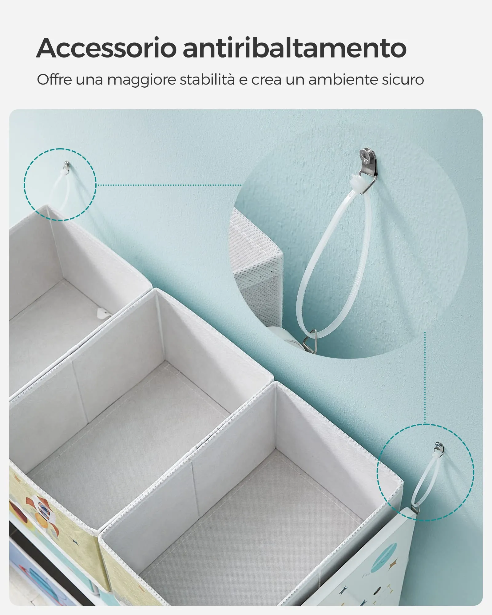 SONGMICS Scaffale per Giocattoli con 7 Contenitori in Tessuto, 29,5 x 62,5 x 60 cm, Bianco GKR034W01 - immagine 4