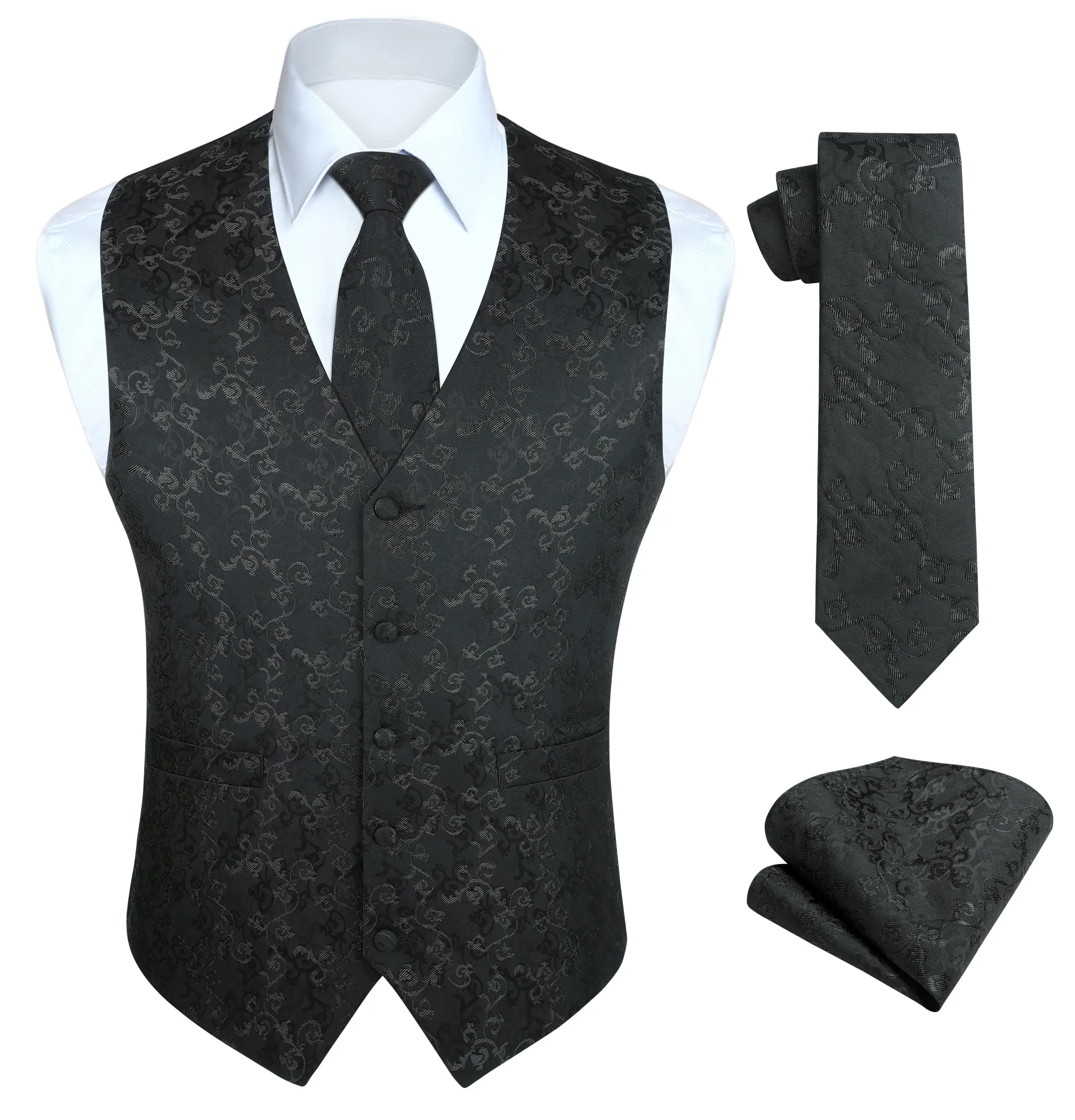 HISDERN Gilet da Abito da Uomo Nero Paisley Floreale Jacquard con Cravatta e Fazzoletto, XL - immagine 1