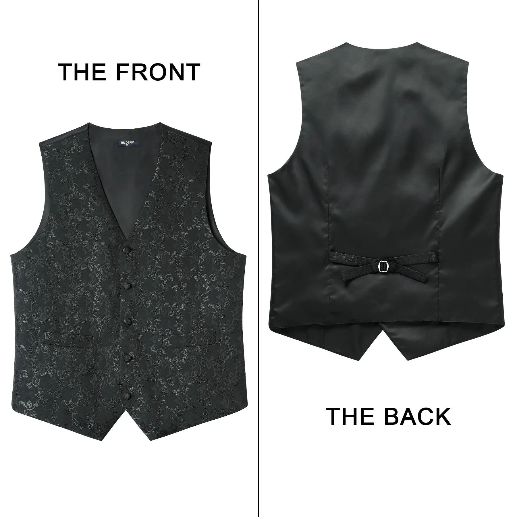 HISDERN Gilet da Abito da Uomo Nero Paisley Floreale Jacquard con Cravatta e Fazzoletto, XL - immagine 3