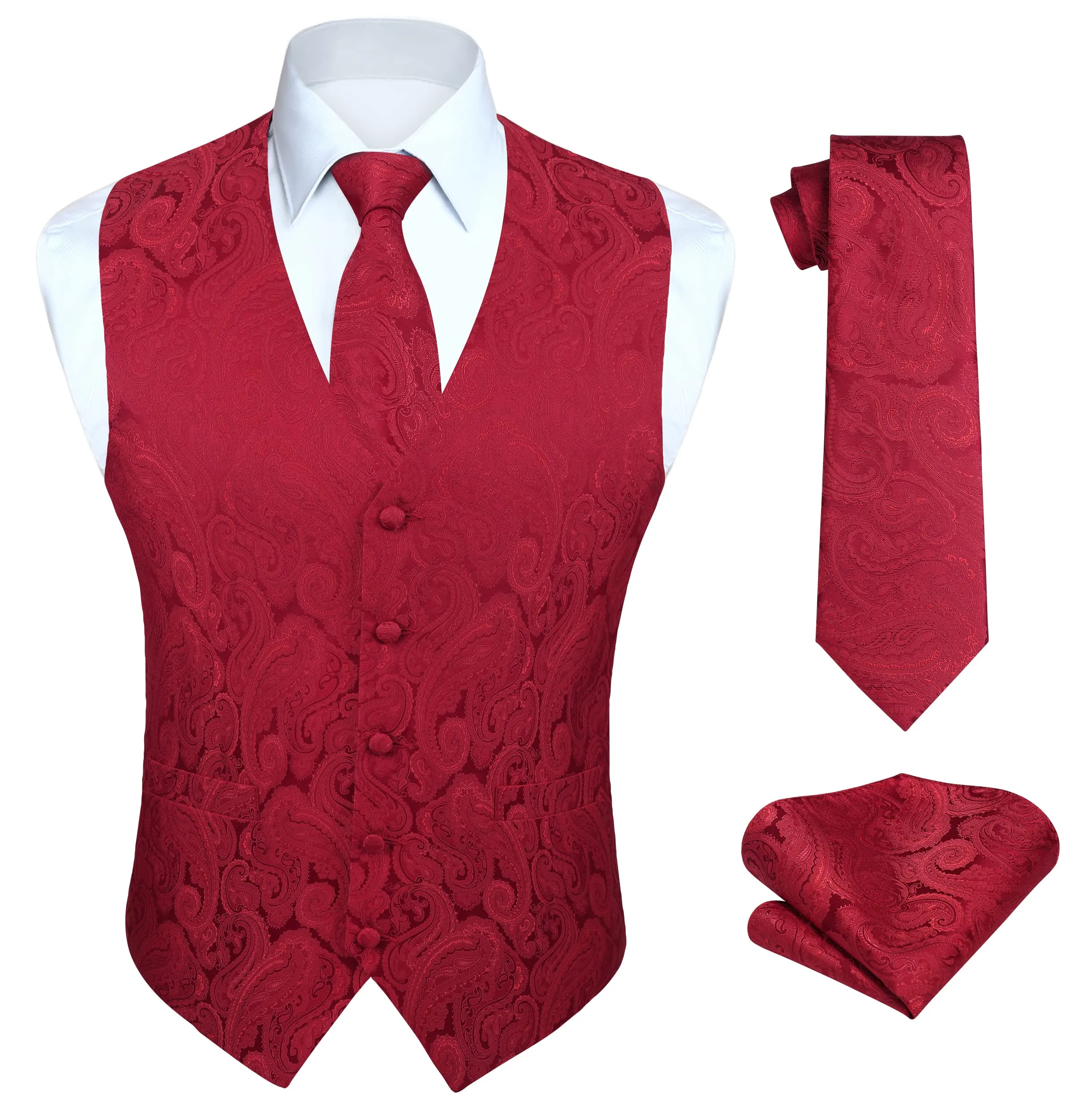 HISDERN Gilet da Uomo in Seta Jacquard Motivo Paisley con Cravatta e Fazzoletto, Borgogna 3, M - immagine 1
