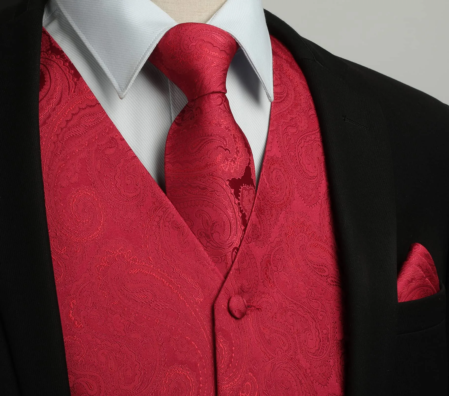 HISDERN Gilet da Uomo in Seta Jacquard Motivo Paisley con Cravatta e Fazzoletto, Borgogna 3, M - immagine 2