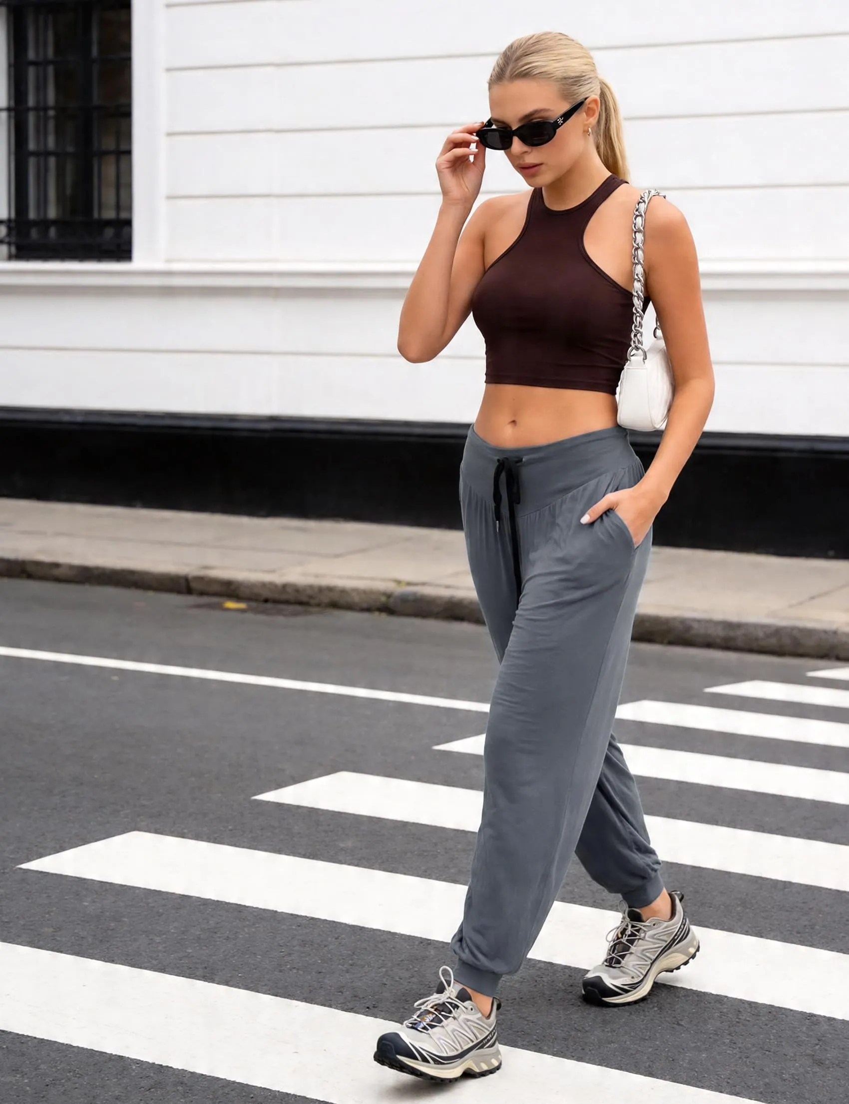 Terecey Pantaloni Yoga Donna Harem Vita Alta con Tasche e Coulisse Gamba Larga - immagine 2