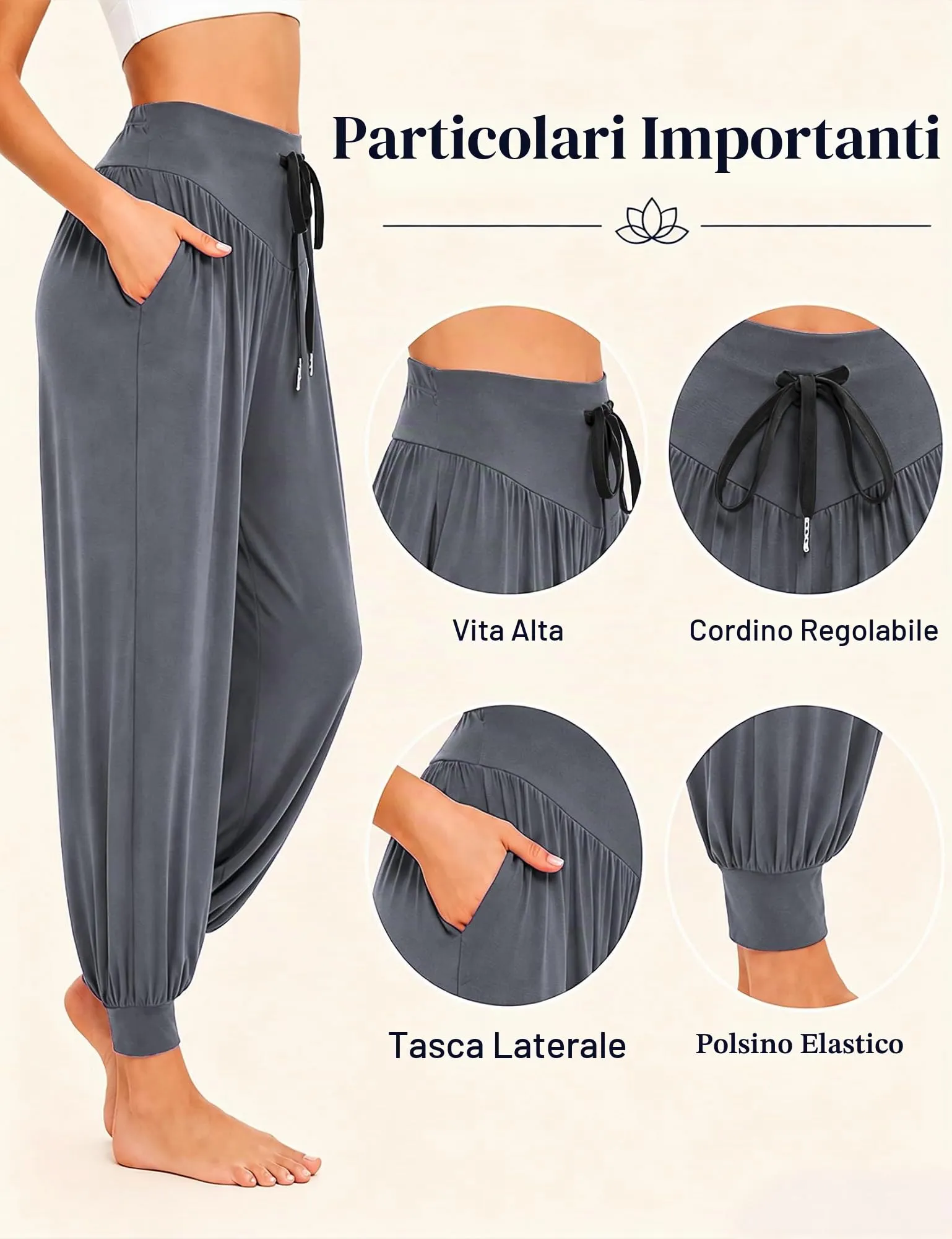 Terecey Pantaloni Yoga Donna Harem Vita Alta con Tasche e Coulisse Gamba Larga - immagine 4