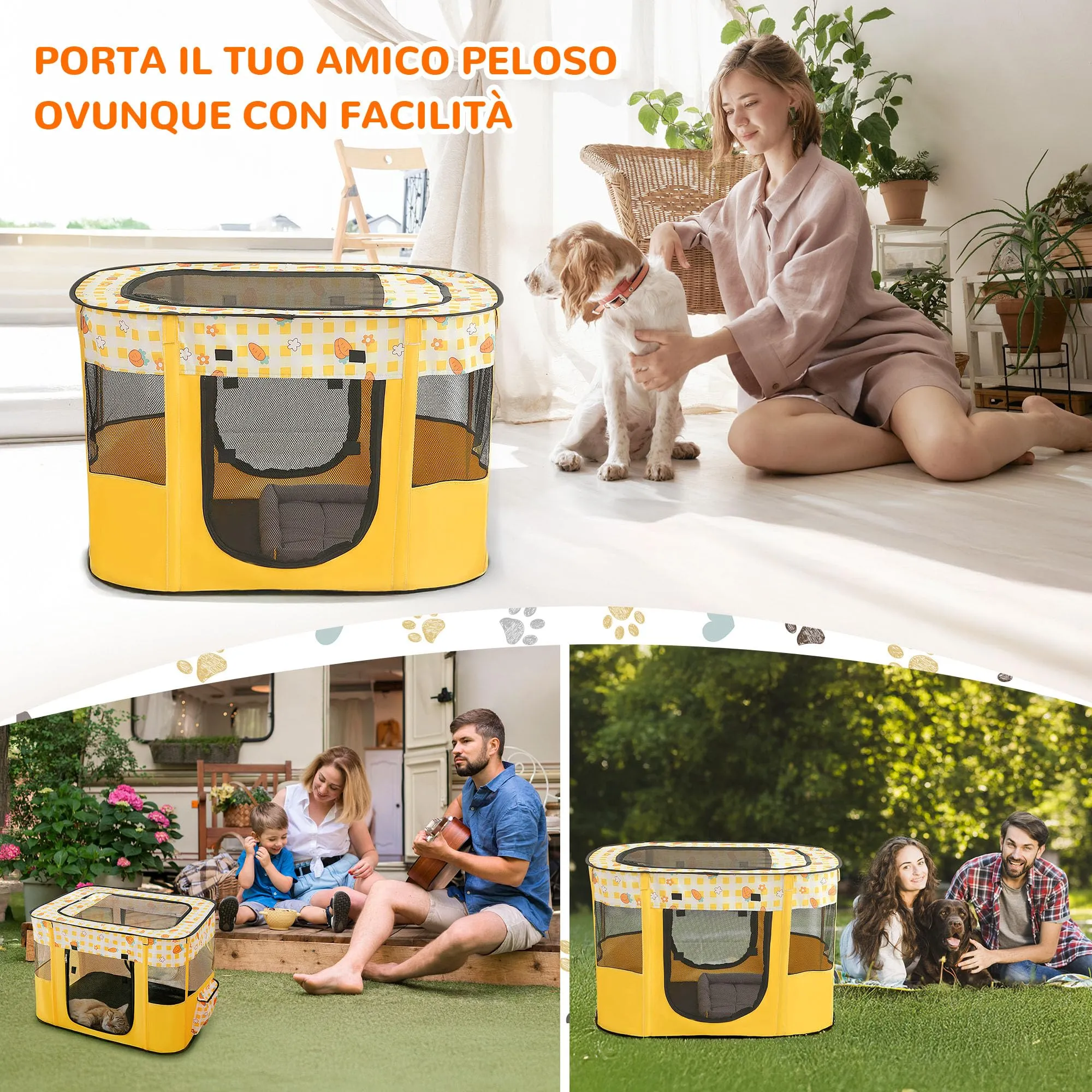 ALLSOPETS Recinto per Cani da Interno Pieghevole, Carote Gialle, M - immagine 2