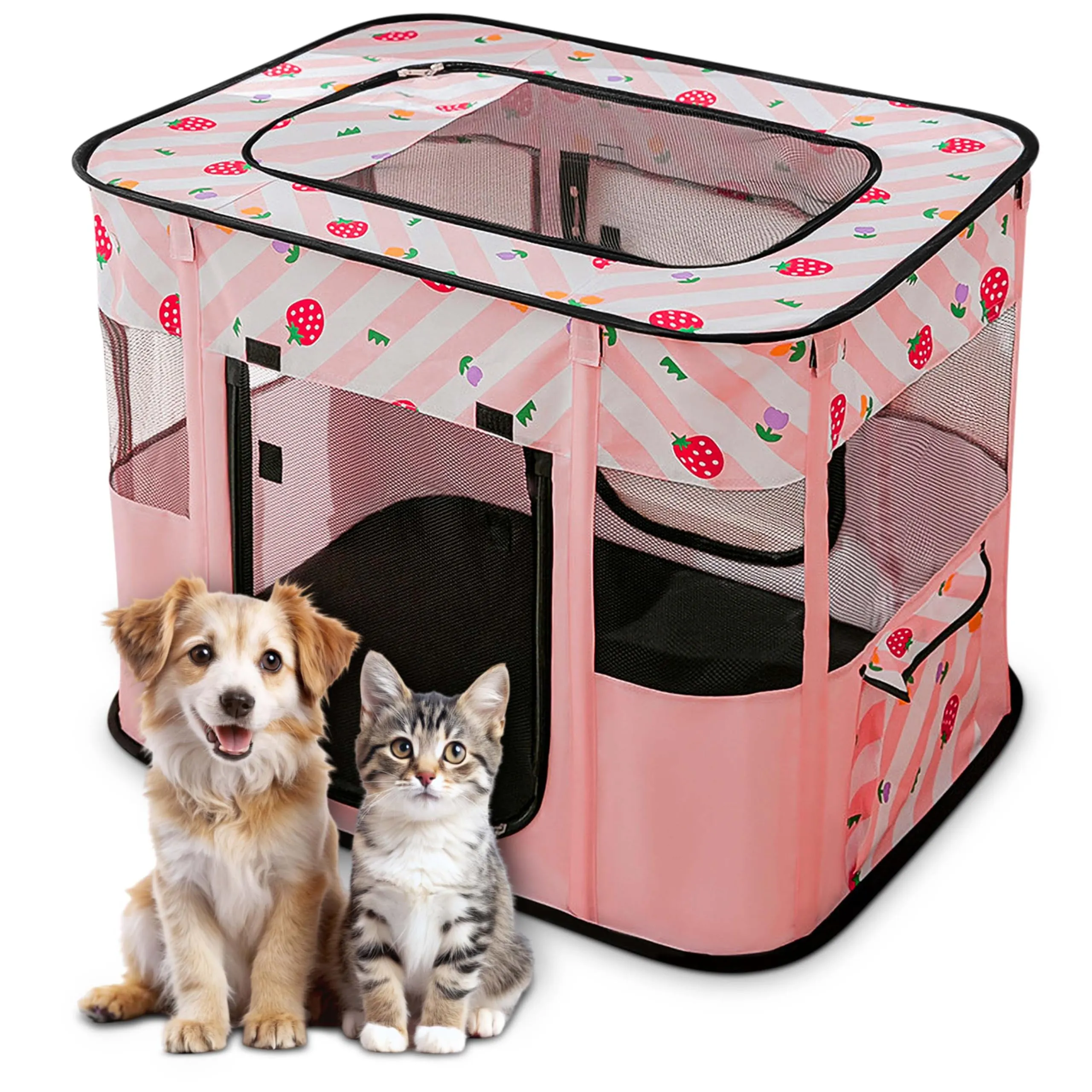 ALLSOPETS Recinto per Cani da Interno Pieghevole, Fragole Rosa, M - immagine 1