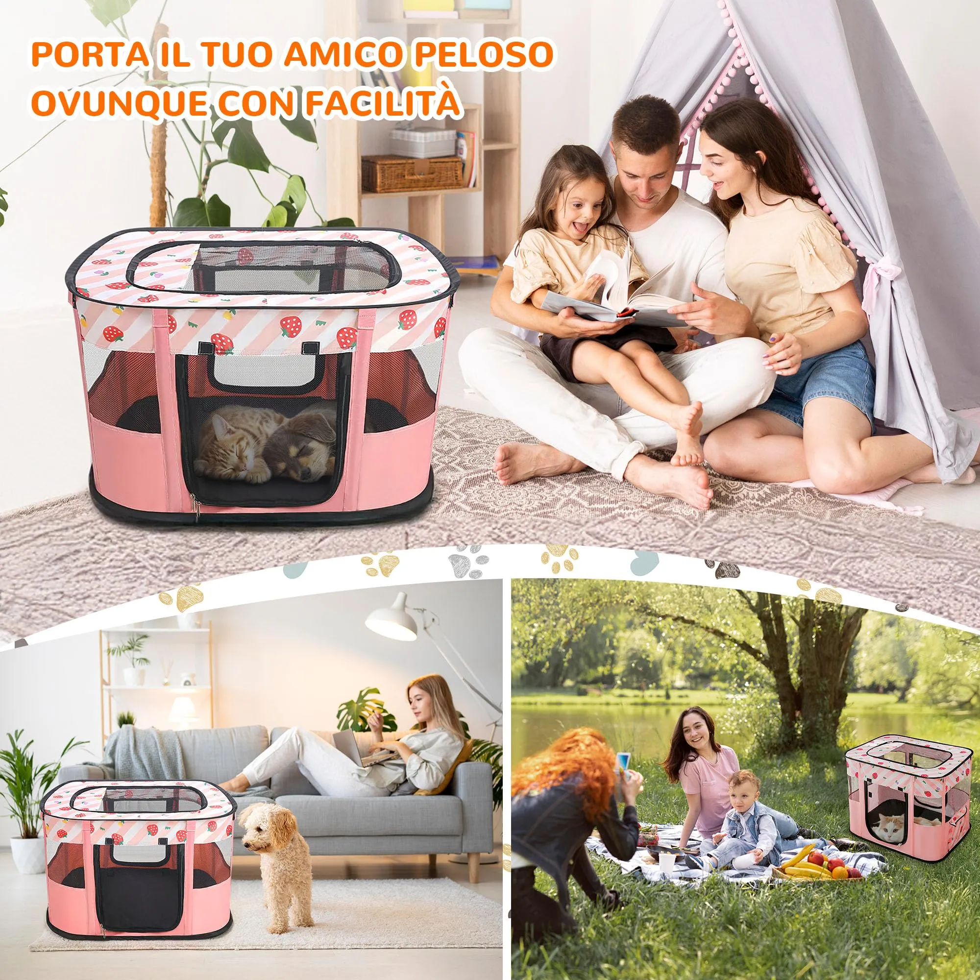 ALLSOPETS Recinto per Cani da Interno Pieghevole, Fragole Rosa, M - immagine 2