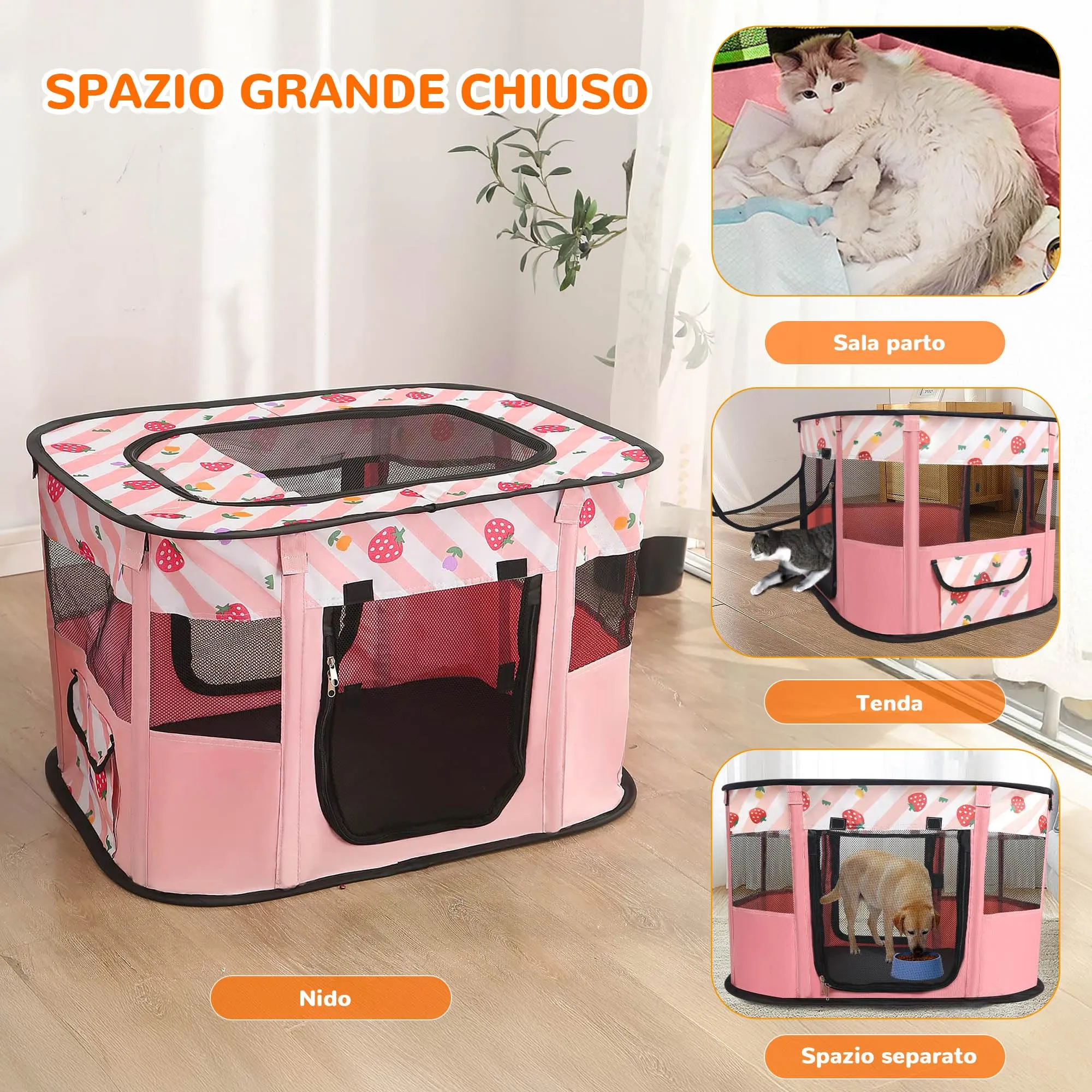 ALLSOPETS Recinto per Cani da Interno Pieghevole, Fragole Rosa, M - immagine 3
