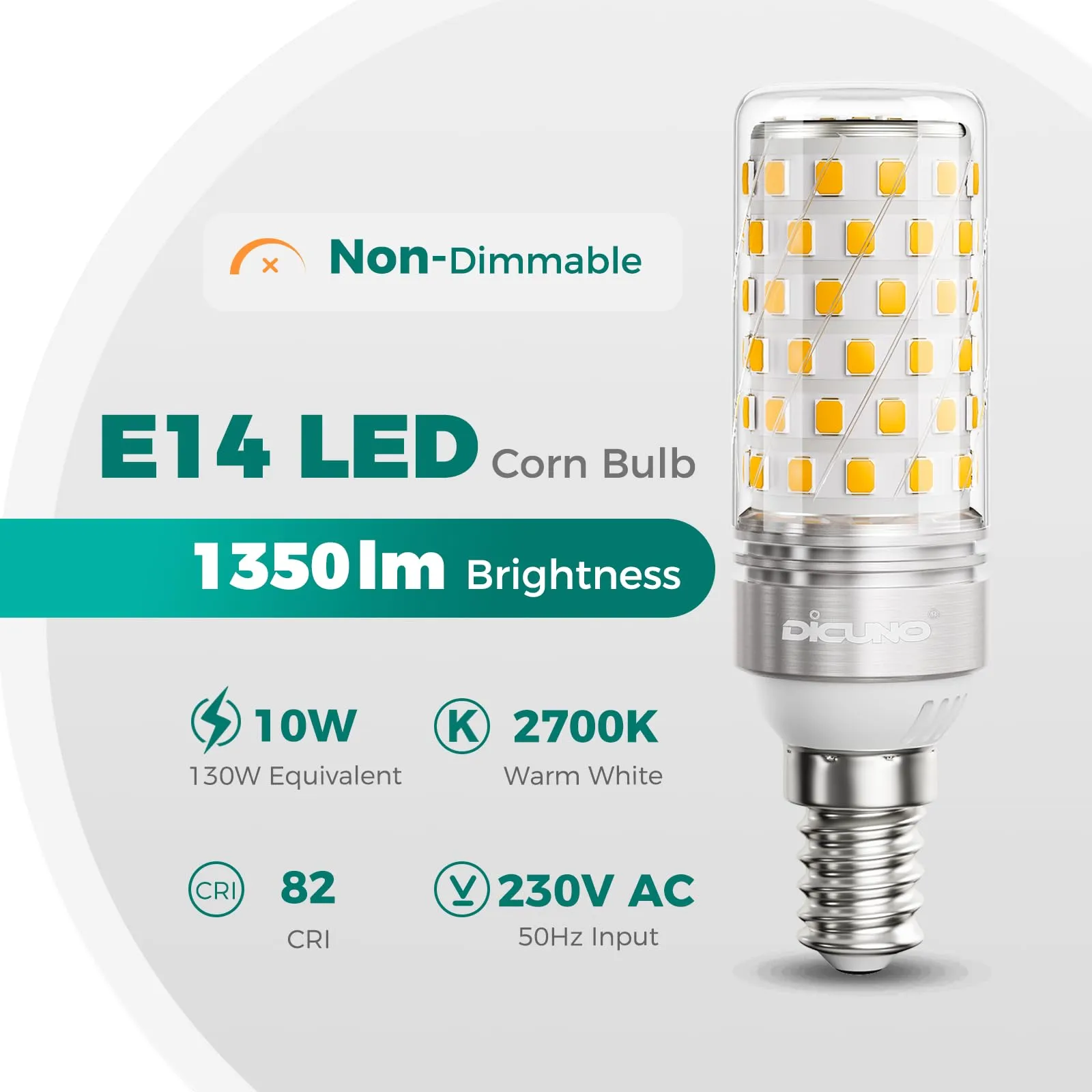 DiCUNO Lampadina LED E14 10W, 2700K, 1350lm, 2 Pezzi - immagine 2