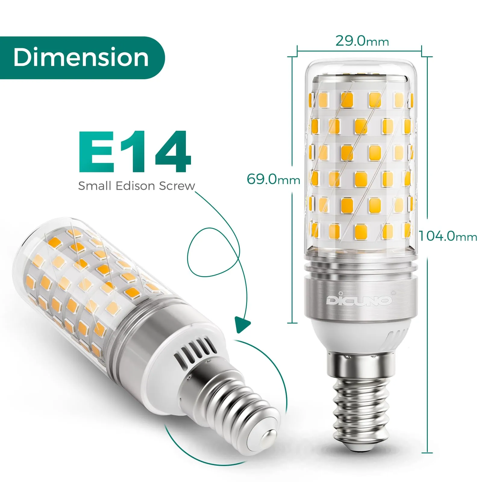 DiCUNO Lampadina LED E14 10W, 2700K, 1350lm, 2 Pezzi - immagine 3