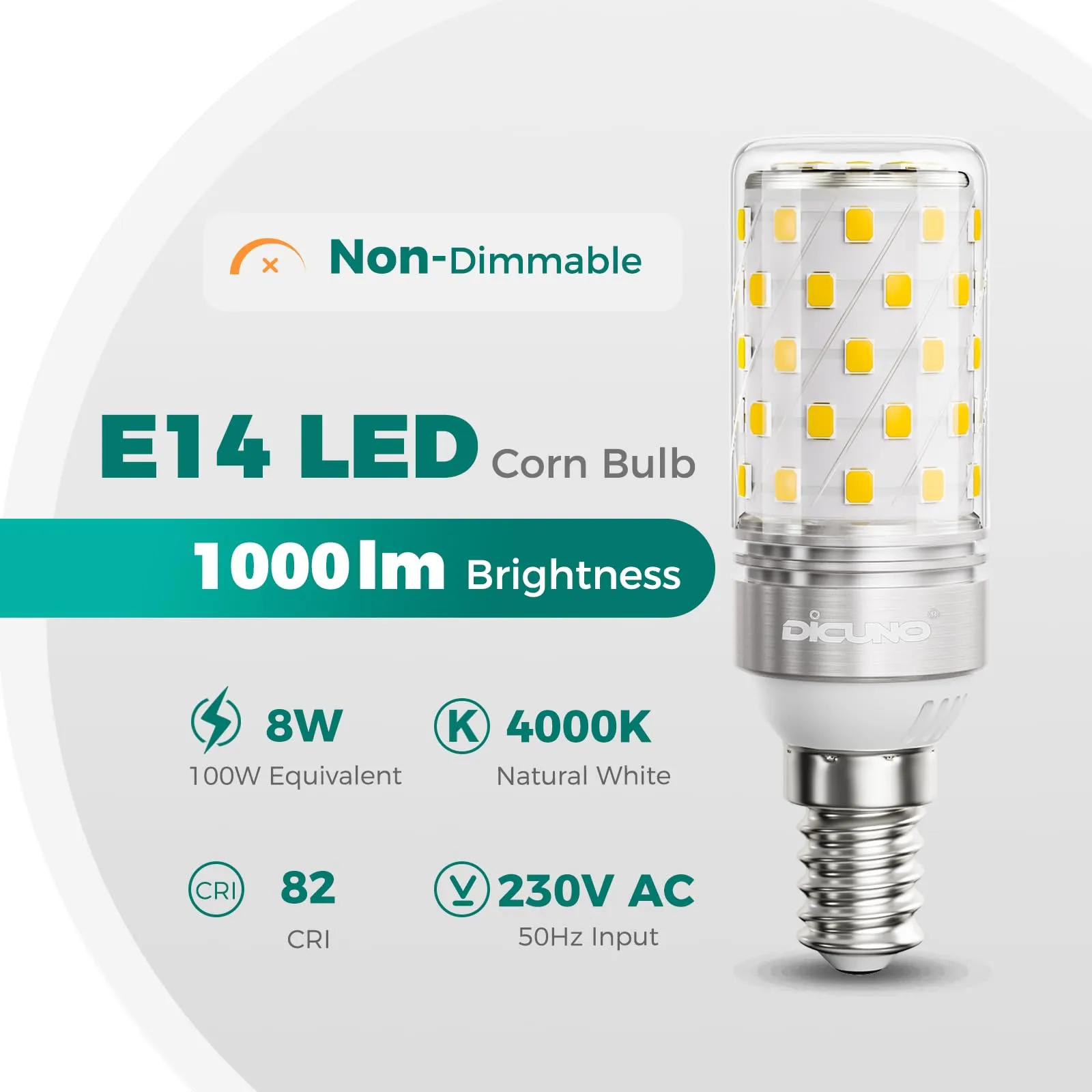 DiCUNO Lampadina LED E14 8W 4000K 1000lm, 2 Pezzi - immagine 2