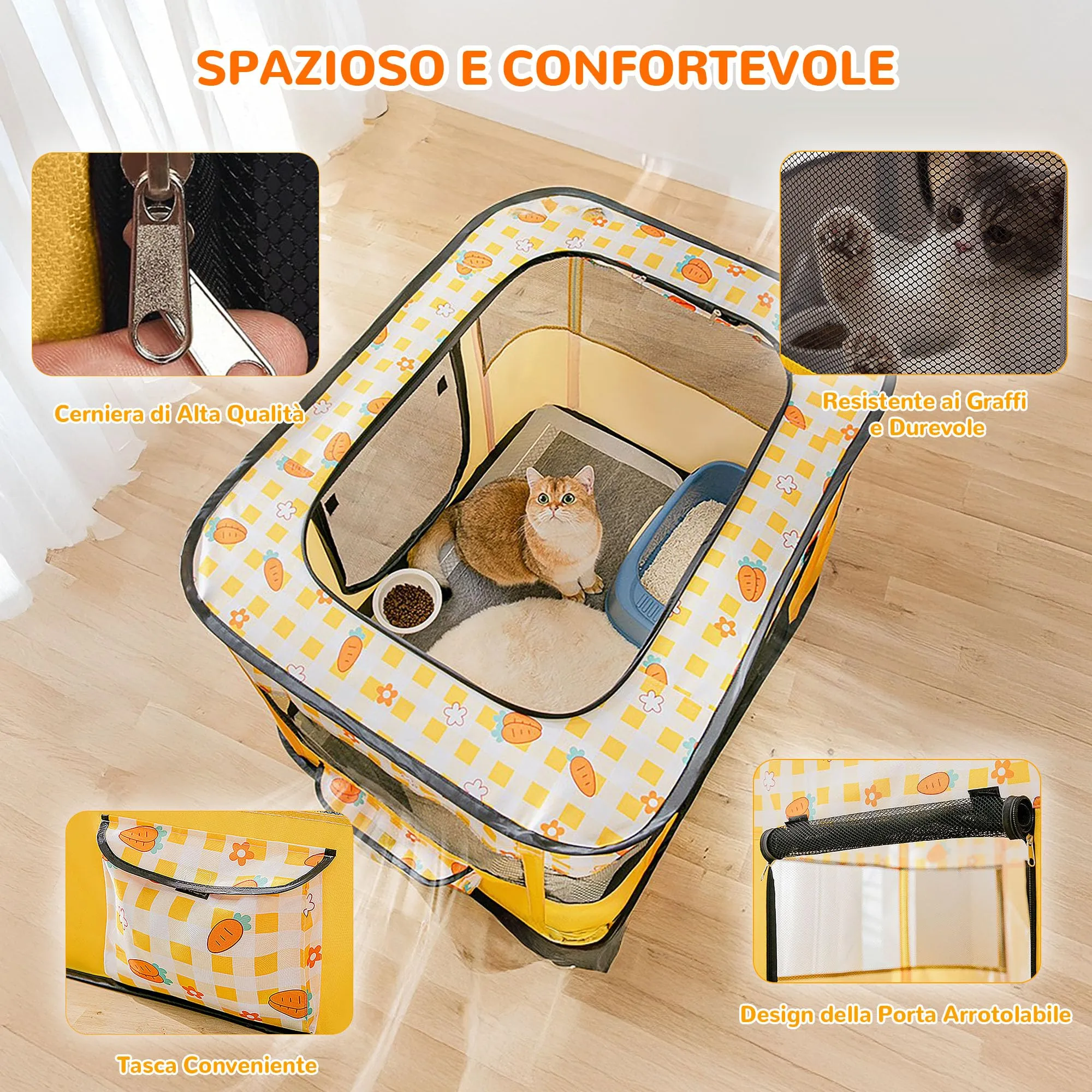 ALLSOPETS Recinto per Cani da Interno Pieghevole, Carote Gialle, XL - immagine 4