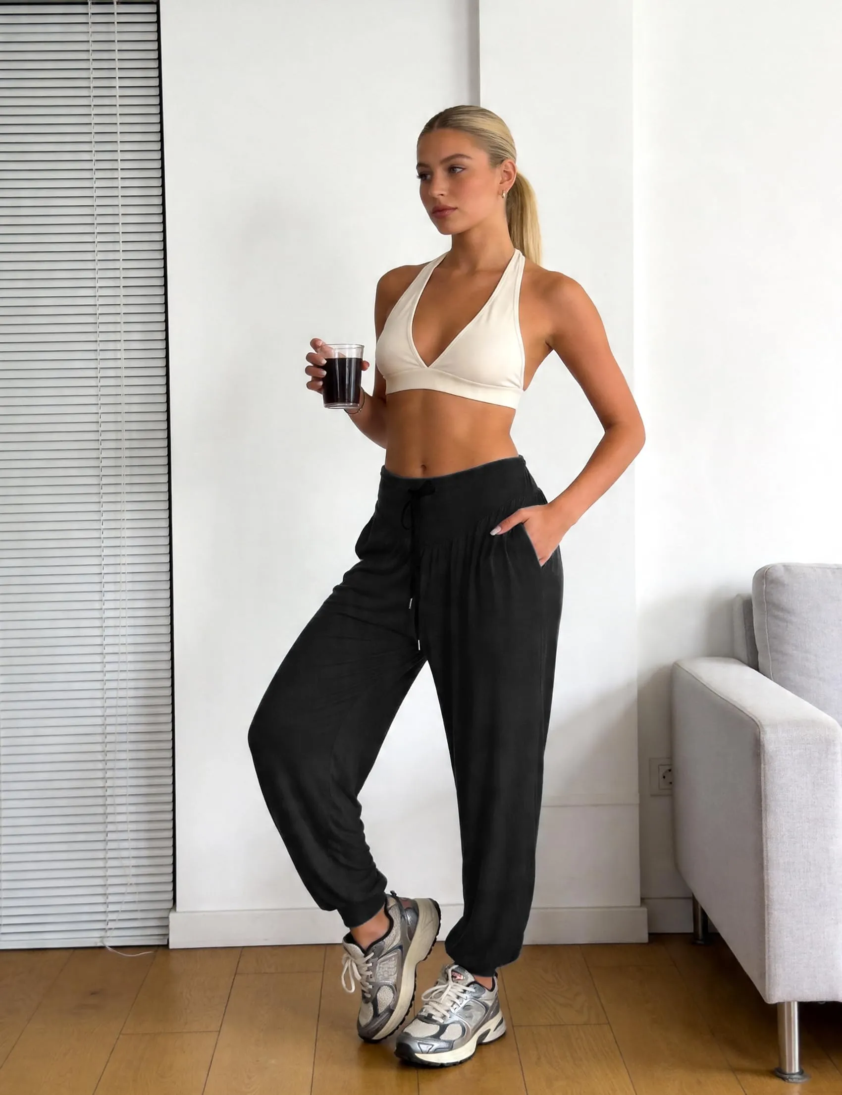 Terecey Pantaloni Yoga Donna Harem Vita Alta con Tasche e Coulisse Gamba Larga - immagine 2