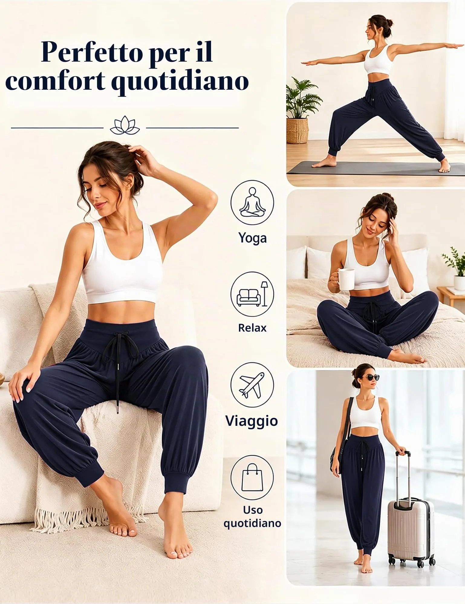 Terecey Pantaloni Yoga Donna Harem Vita Alta con Tasche e Coulisse Gamba Larga - immagine 6