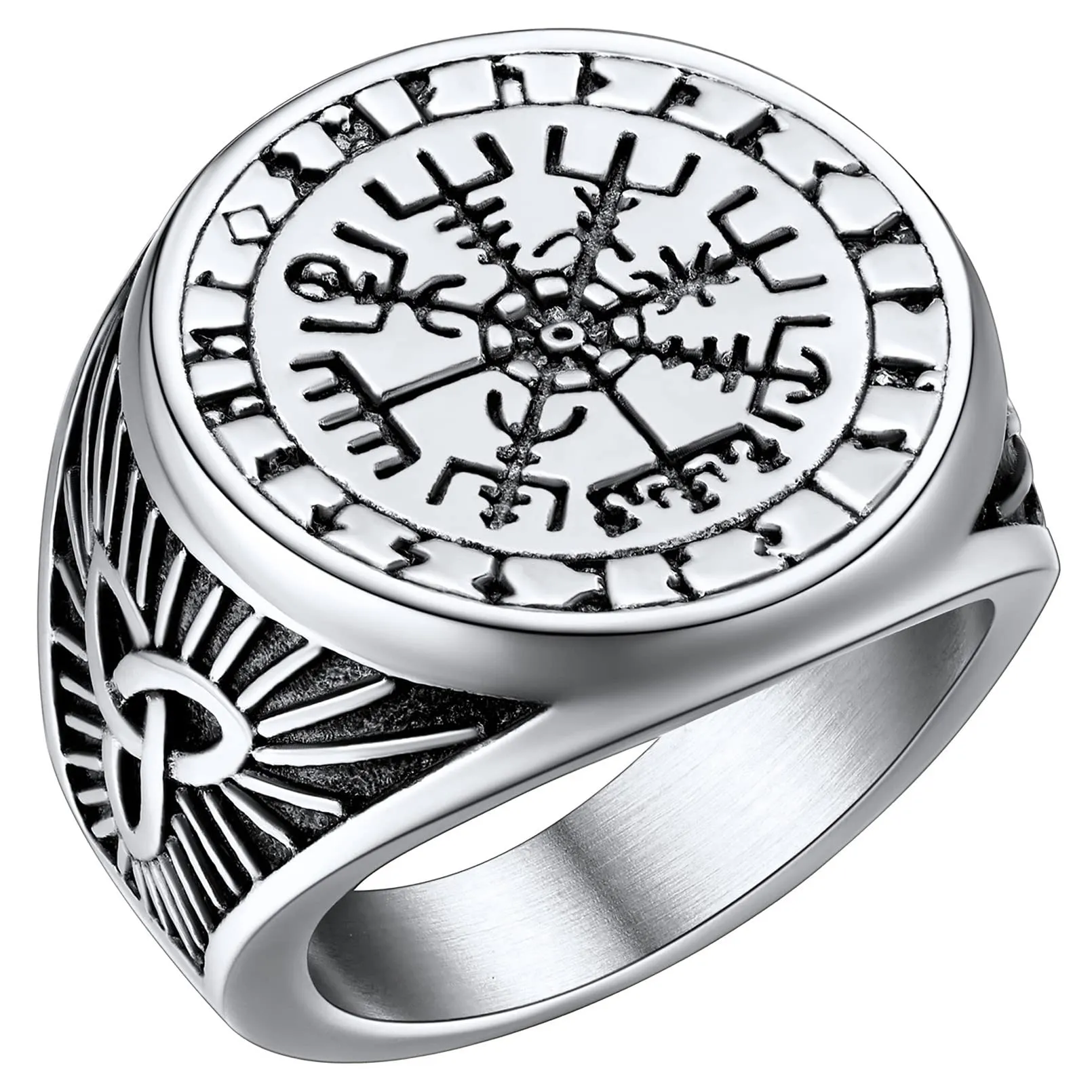 FaithHeart Anello Uomo Vichingo Bussola Vegvisir Mitologia Nordica Rune Nodo Celtico in Acciaio Inossidabile Argento, Taglia IT 24 - immagine 1