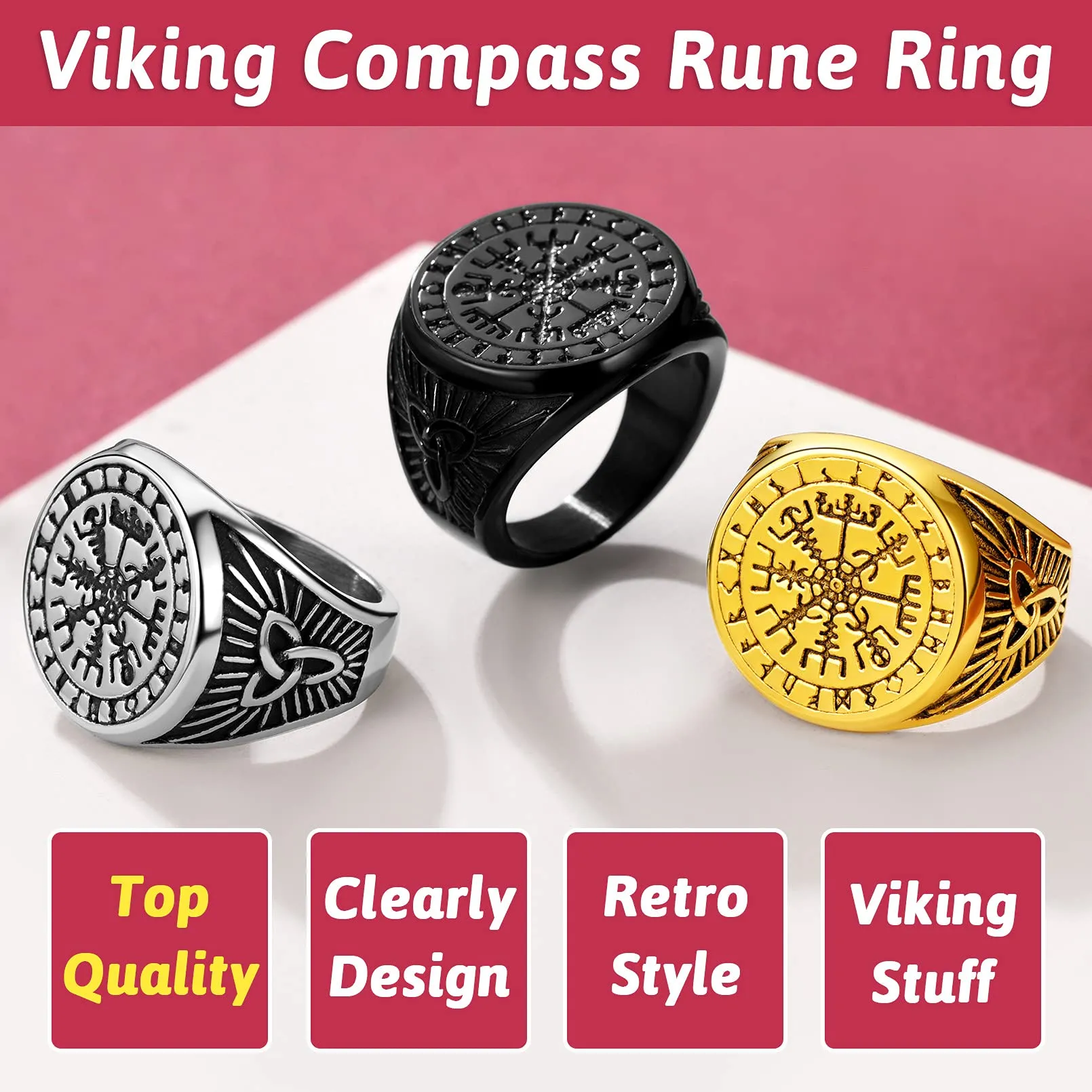 FaithHeart Anello Uomo Vichingo Bussola Vegvisir Mitologia Nordica Rune Nodo Celtico in Acciaio Inossidabile Argento, Taglia IT 24 - immagine 3