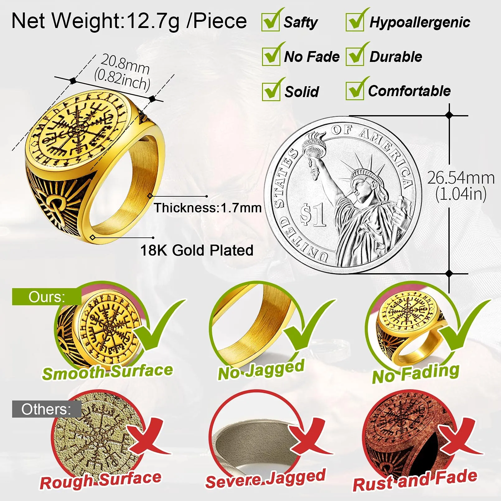 FaithHeart Anello Uomo Vichingo Bussola Vegvisir Mitologia Nordica Rune e Nodo Celtico Oro IT 14-27 - immagine 6