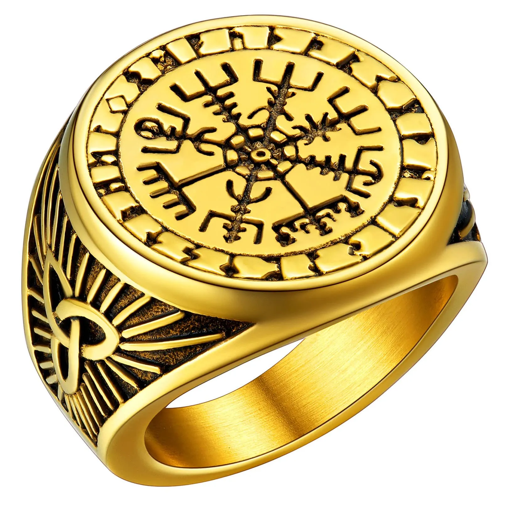 FaithHeart Anello Uomo Vichingo Bussola Vegvisir Mitologia Nordica Rune con Nodo Celtico, Oro, Taglia IT 24 - immagine 1