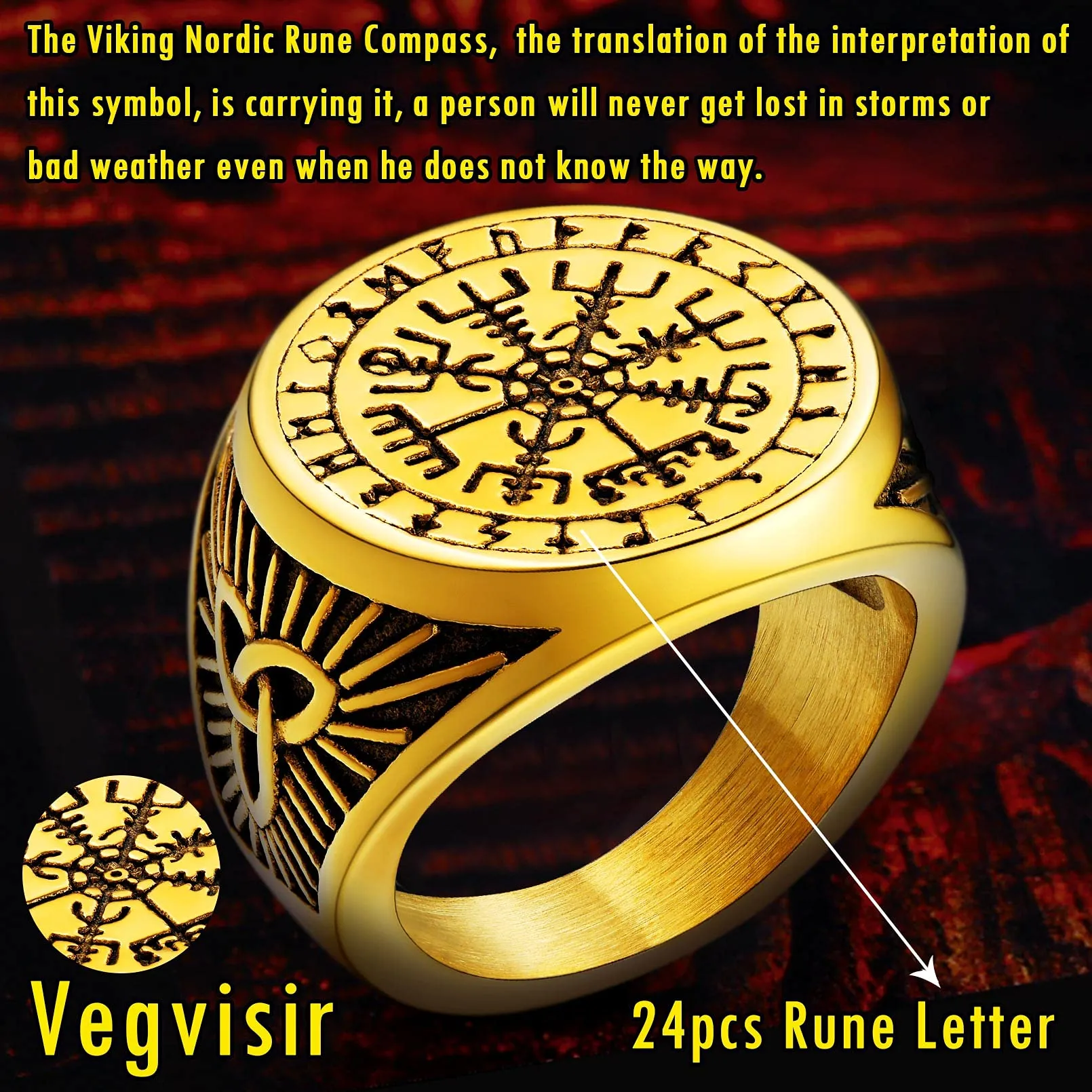FaithHeart Anello Uomo Vichingo Bussola Vegvisir Mitologia Nordica Rune con Nodo Celtico, Oro, Taglia IT 24 - immagine 3