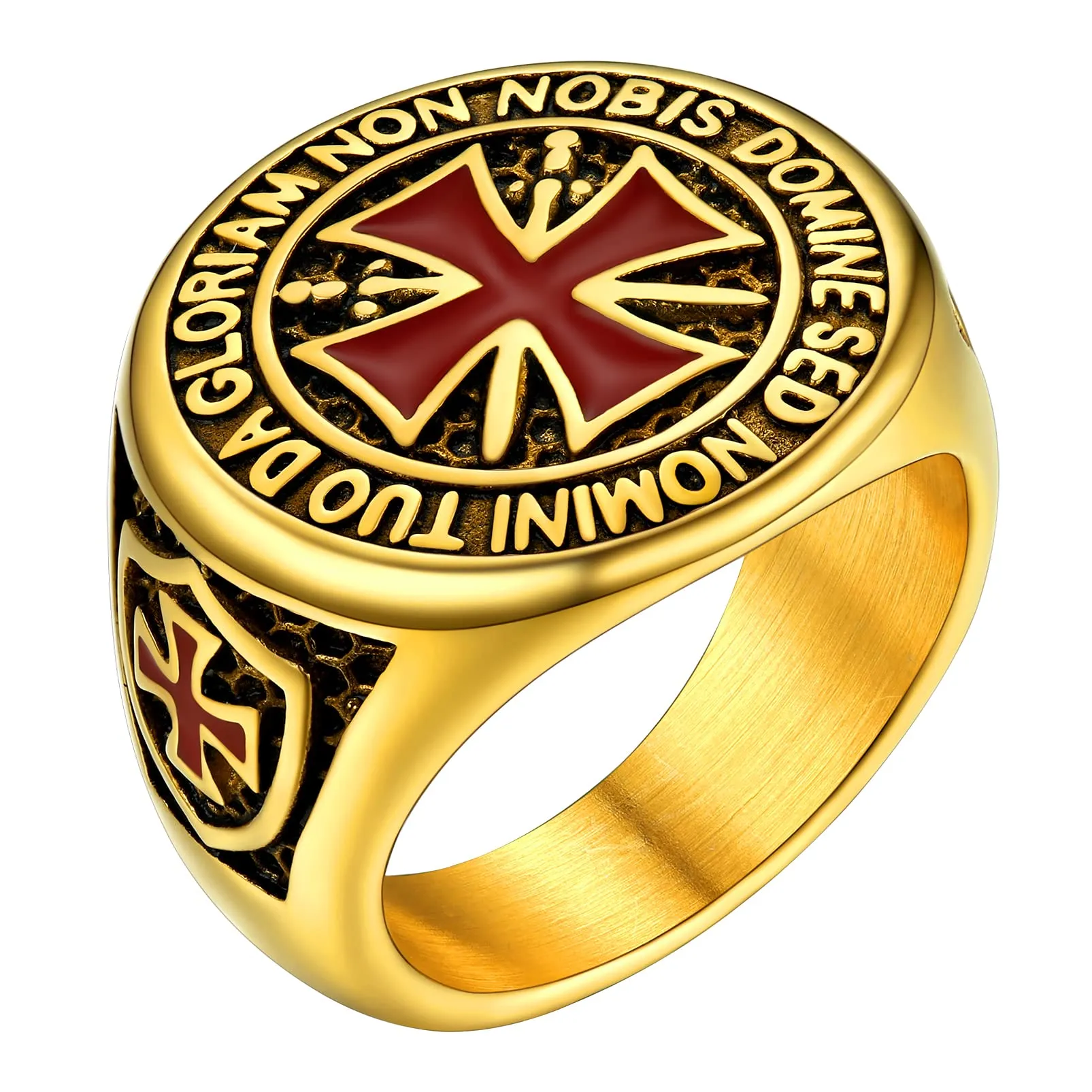 PROSTEEL Anello Uomo Cavalieri Templari Croce Rossa in Acciaio Dorato Misura 27 - immagine 1