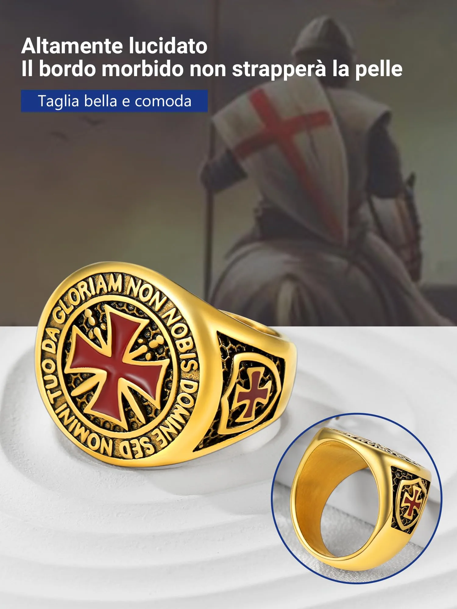 PROSTEEL Anello Uomo Cavalieri Templari Croce Rossa in Acciaio Dorato Misura 27 - immagine 5