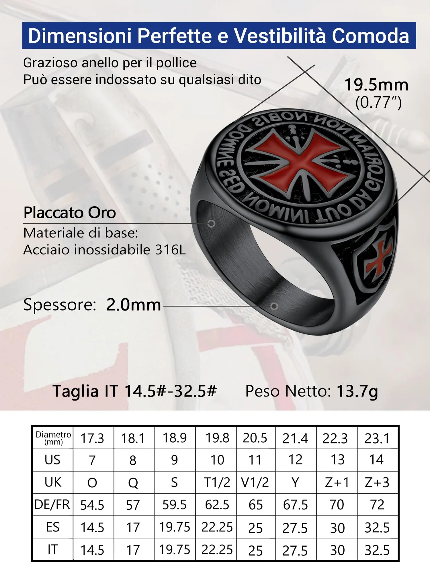 PROSTEEL Anello Acciaio Nero Uomo Cavalieri Templari Croce Rosso Misura 17 - immagine 3
