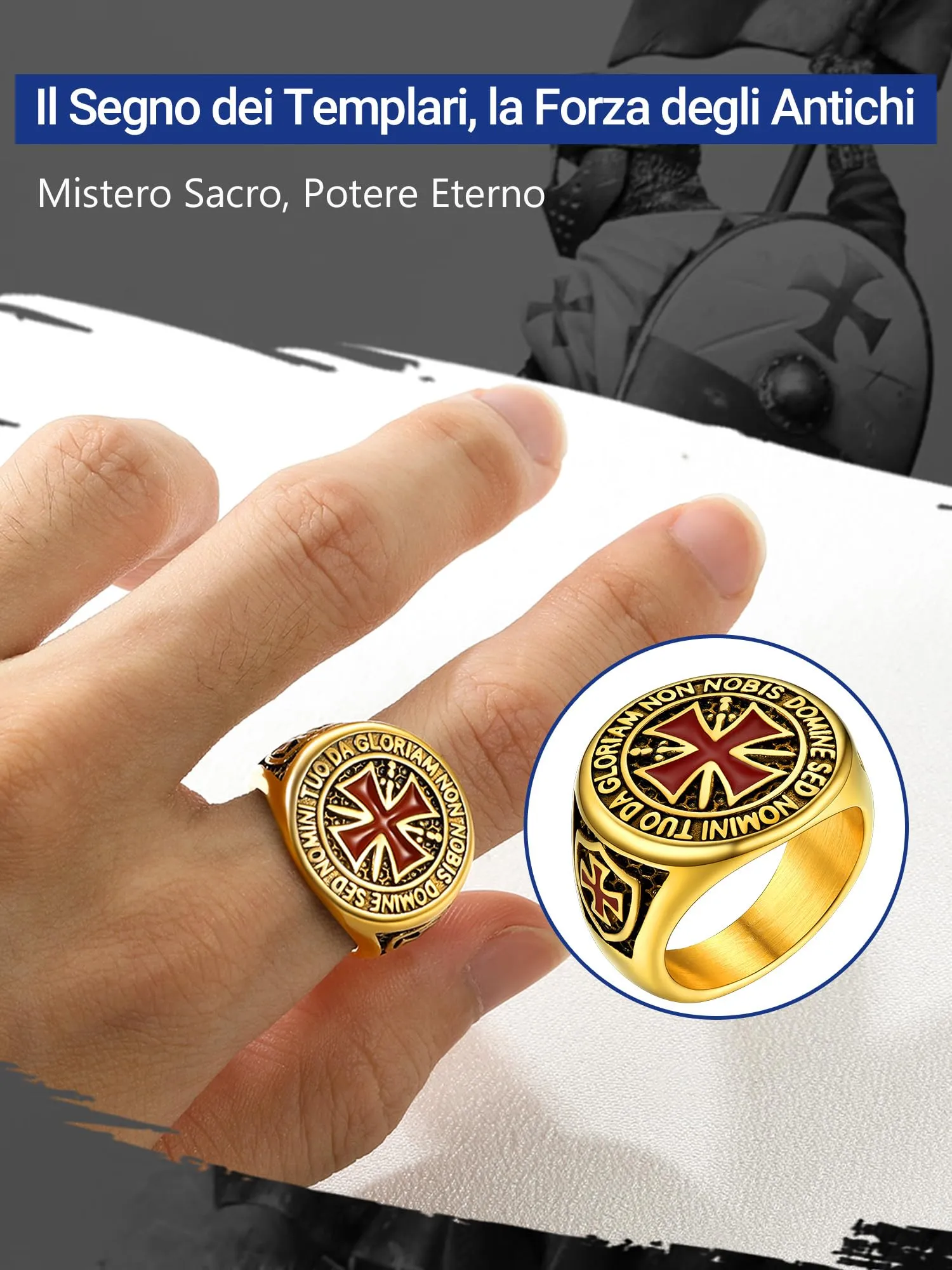 PROSTEEL Anello Uomo Croce Templari in Acciaio Inossidabile Dorato, Misura 17 - immagine 2